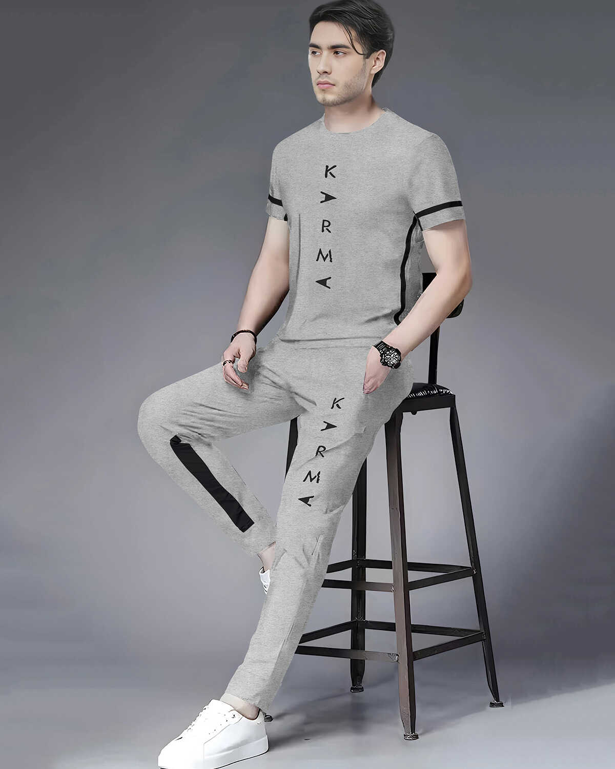Tracksuit For Men Grey Printed Half T-shirt & Grey Printed Trackpant