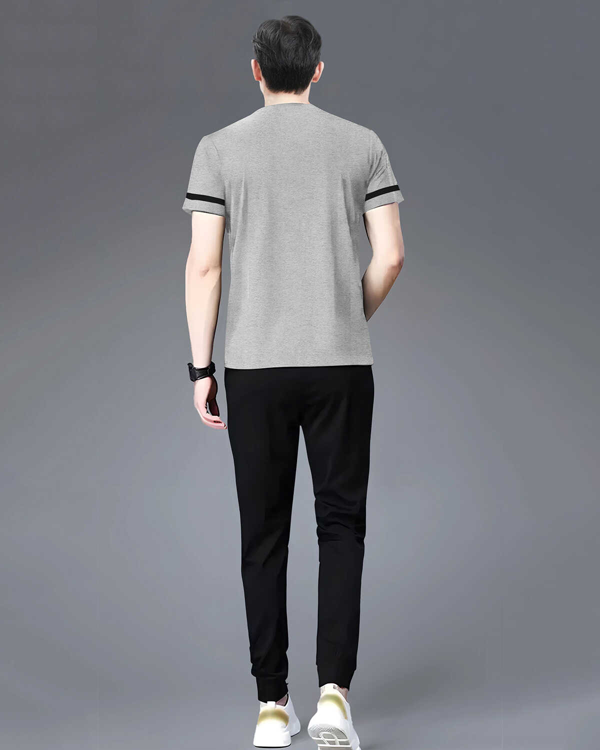 Half Sleeve Grey Printed T-shirt with Black Colorblocked Trackpant Tracksuit