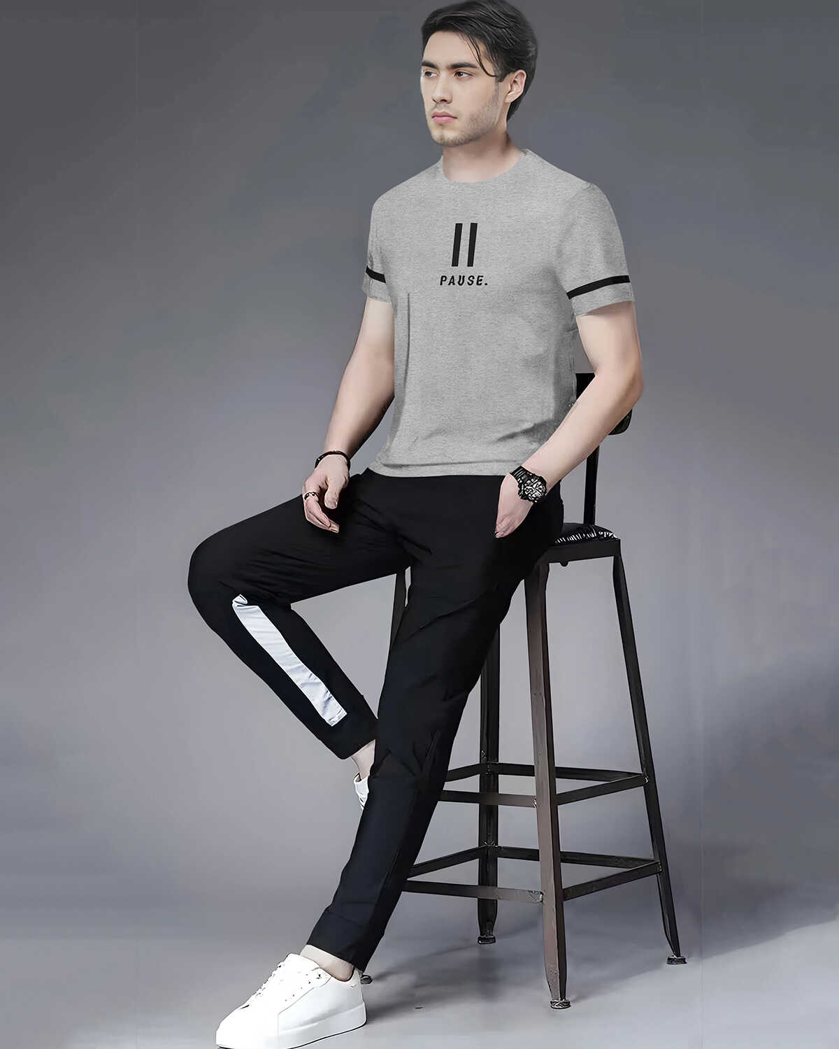 Half Sleeve Grey Printed T-shirt with Black Colorblocked Trackpant Tracksuit