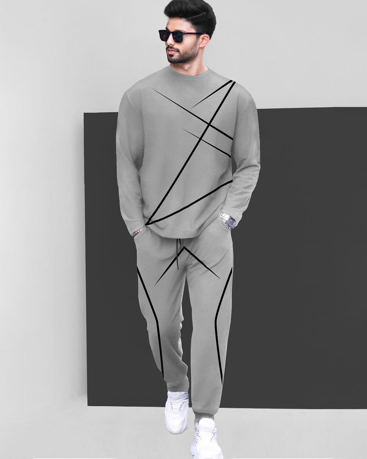 Round Neck Full Sleeve Grey T-shirt with Grey Trackpant Mens