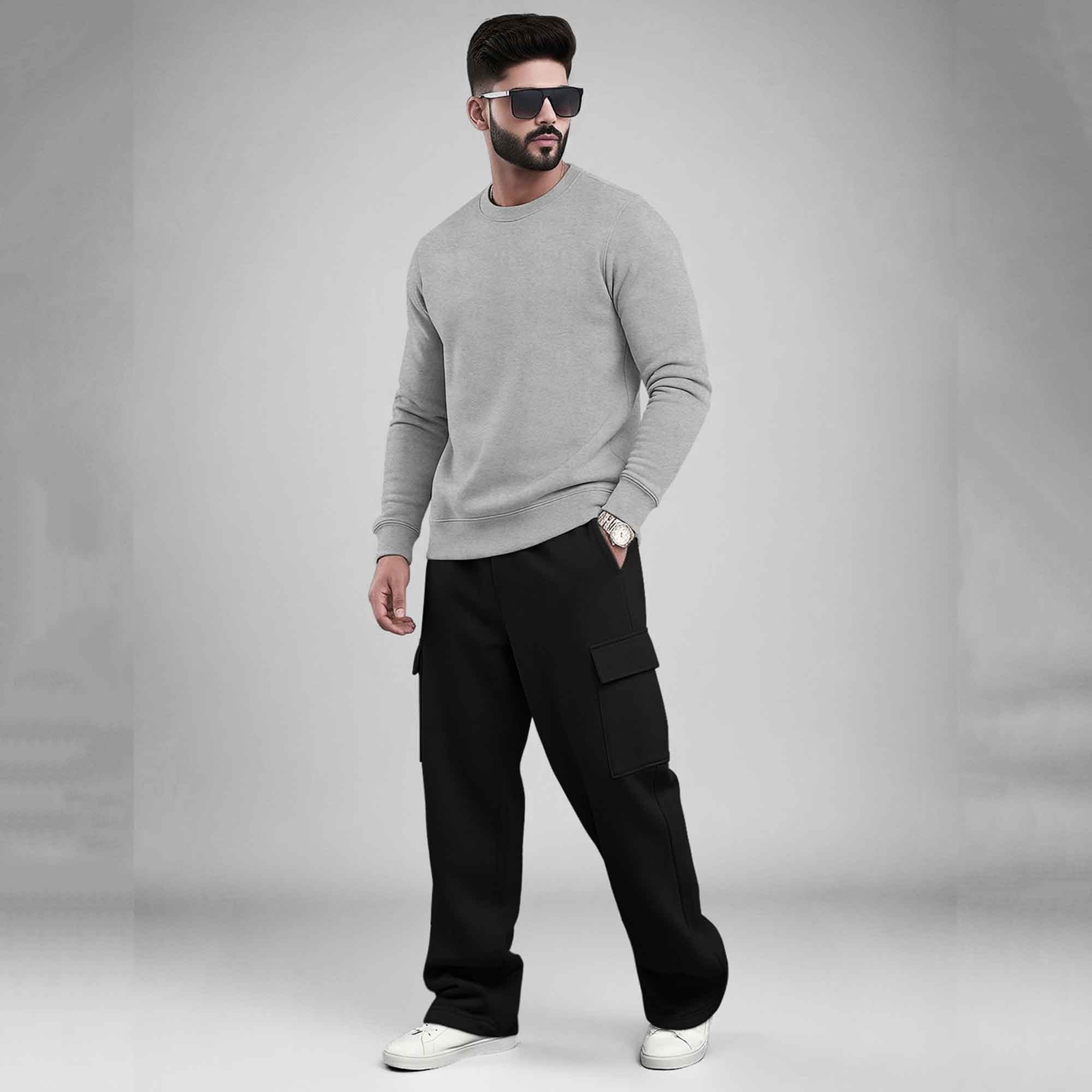 Round Neck Sweatshirt and Baggy Cargo Matching Outfits