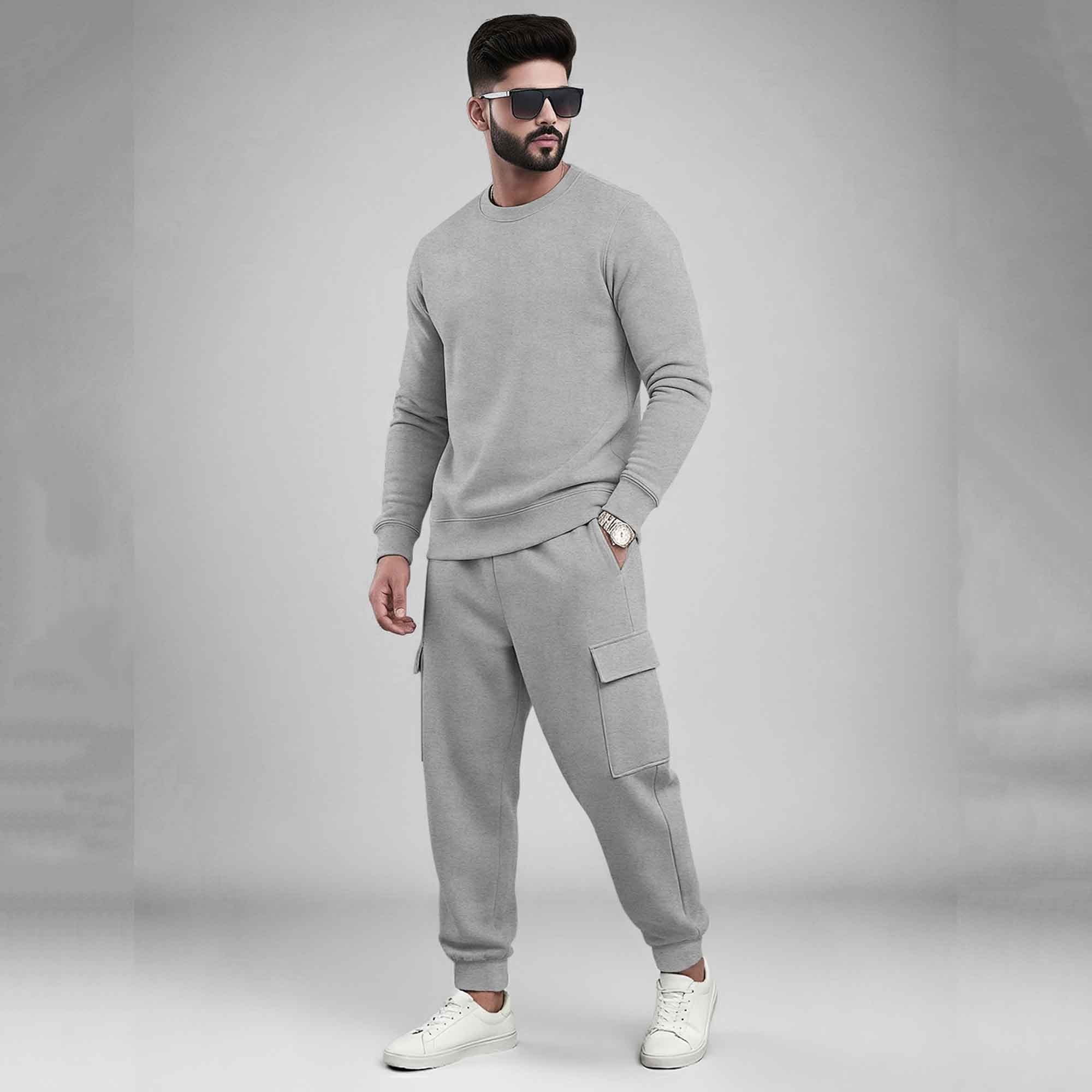 Men's Plain Round Neck Sweatshirts and Cargo Joggers Outfit Sets