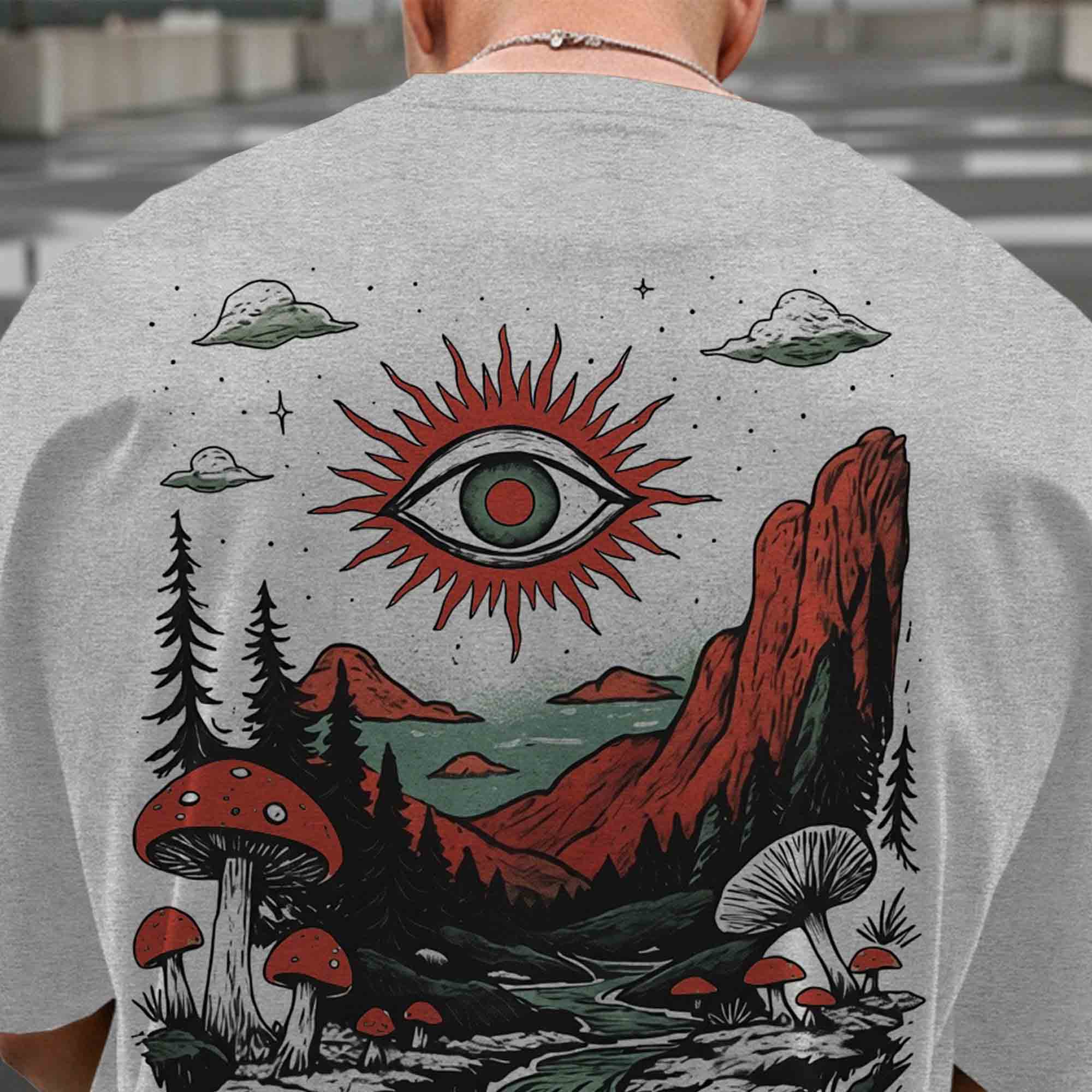 Men Back Printed Loose Fit Baggy Tshirt Grey