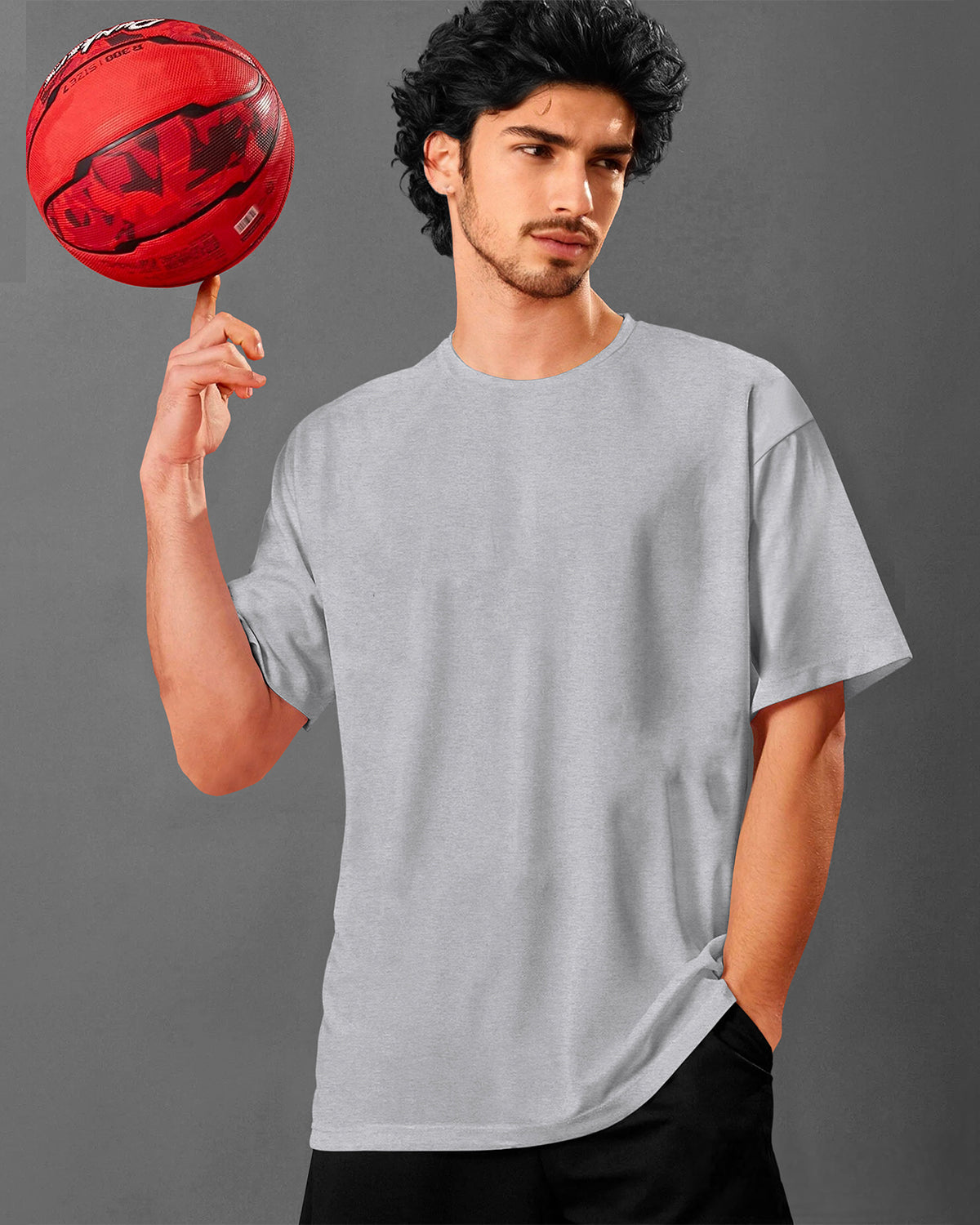 Grey Mens Round Neck Solid Oversized T-shirt