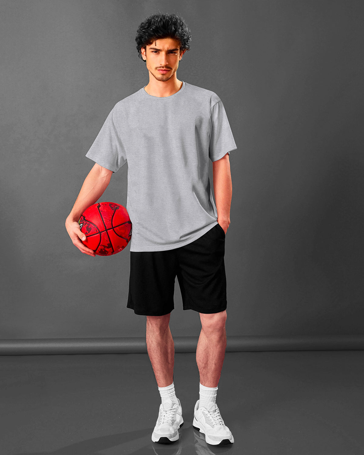 Grey Mens Round Neck Solid Oversized T-shirt