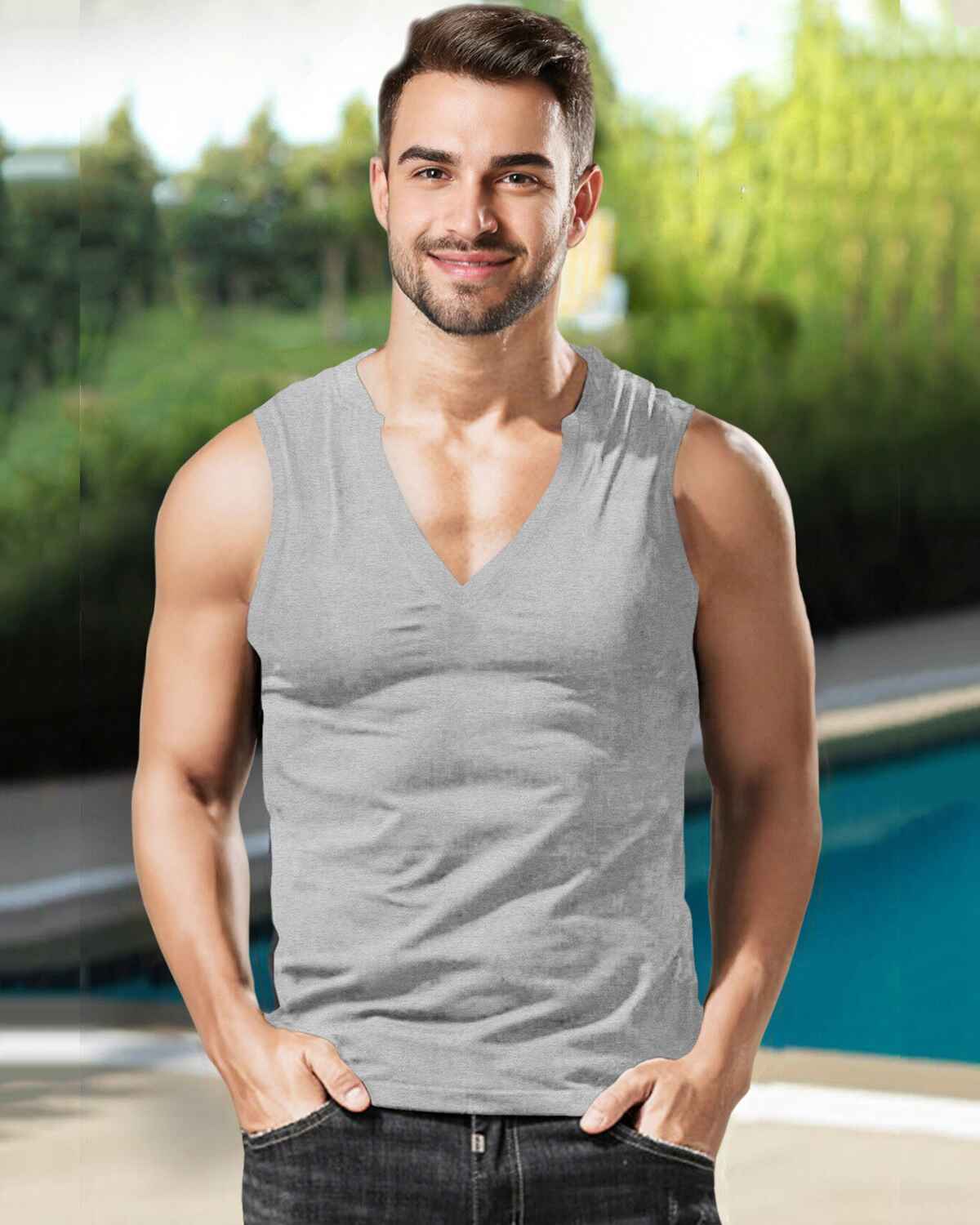 Men V-neck Plain Grey Vest