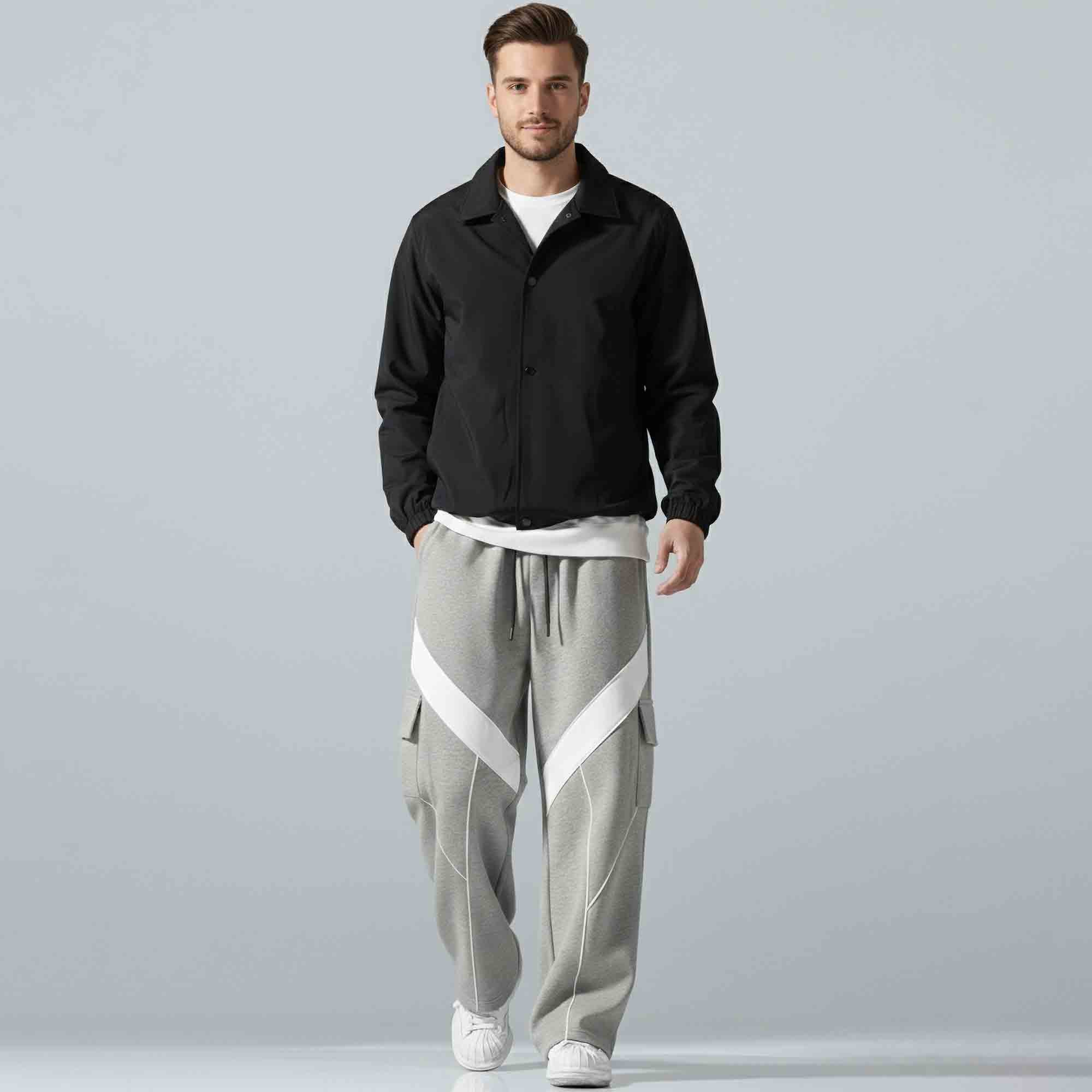 Multi Pockets Colorblocked Plain Baggy Cargo Grey