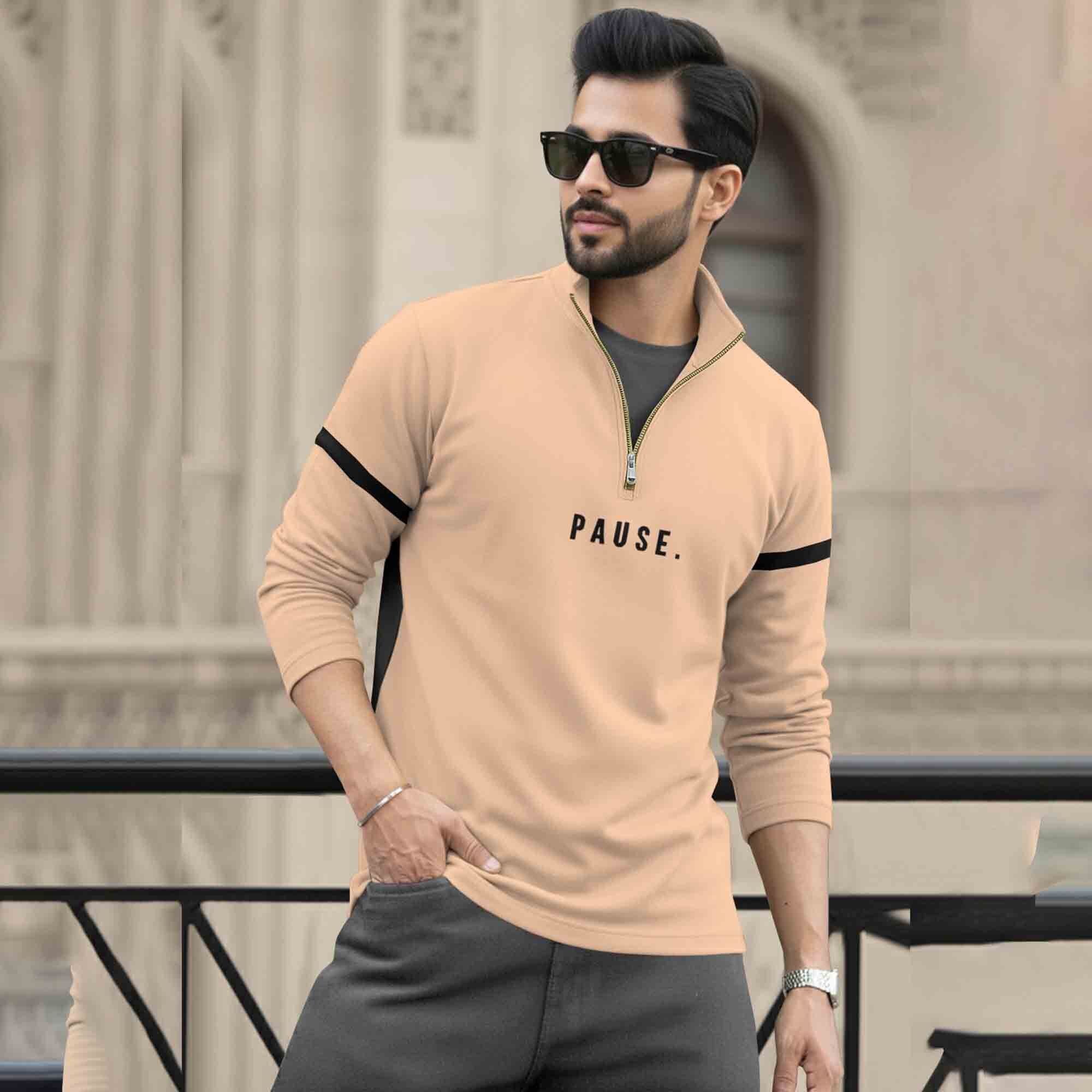 Men Full Sleeve High Neck Arm Striped Pause Printed T-shirt Beige-Black