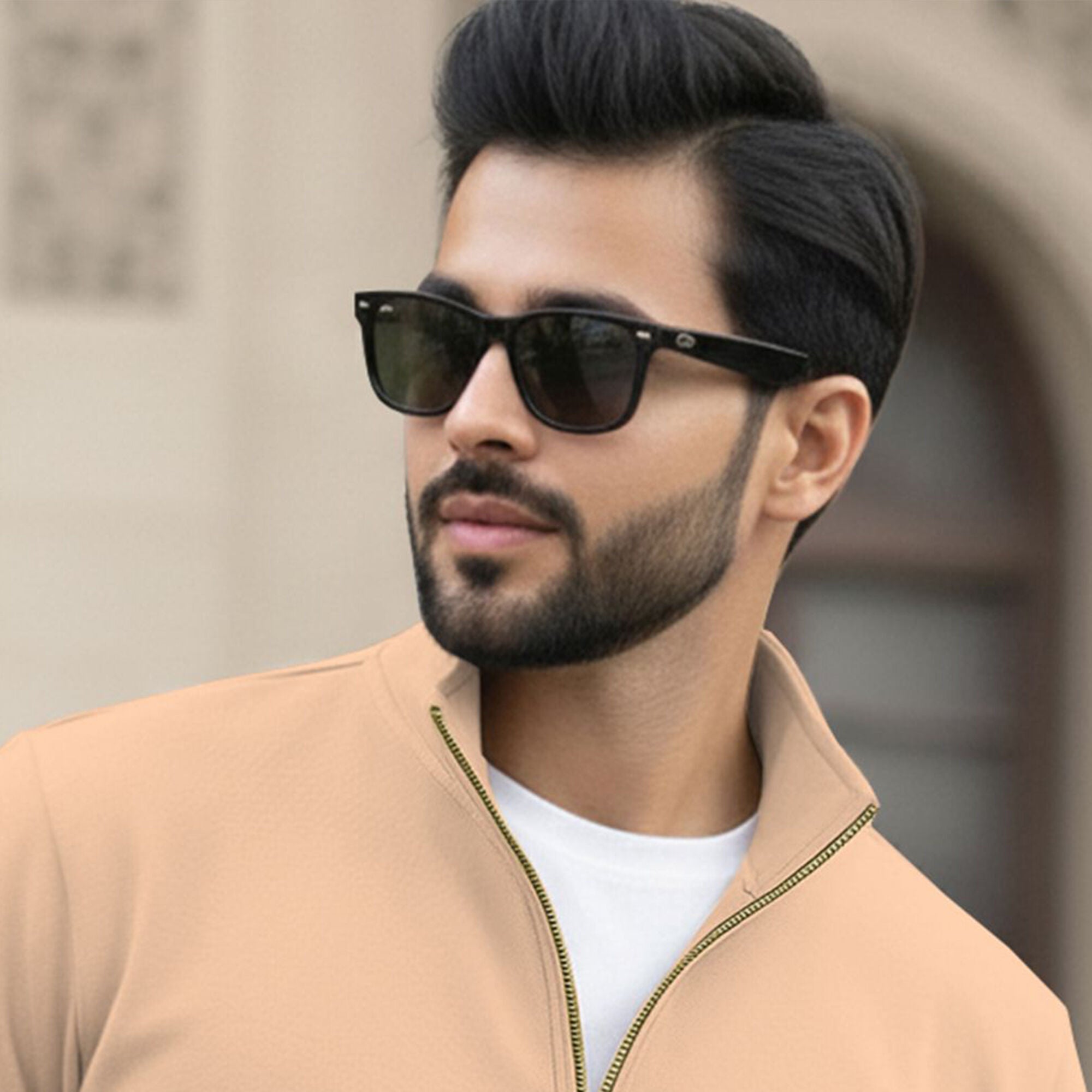 Men Full Sleeve High Neck Arm Striped Pause Printed T-shirt Beige-Black