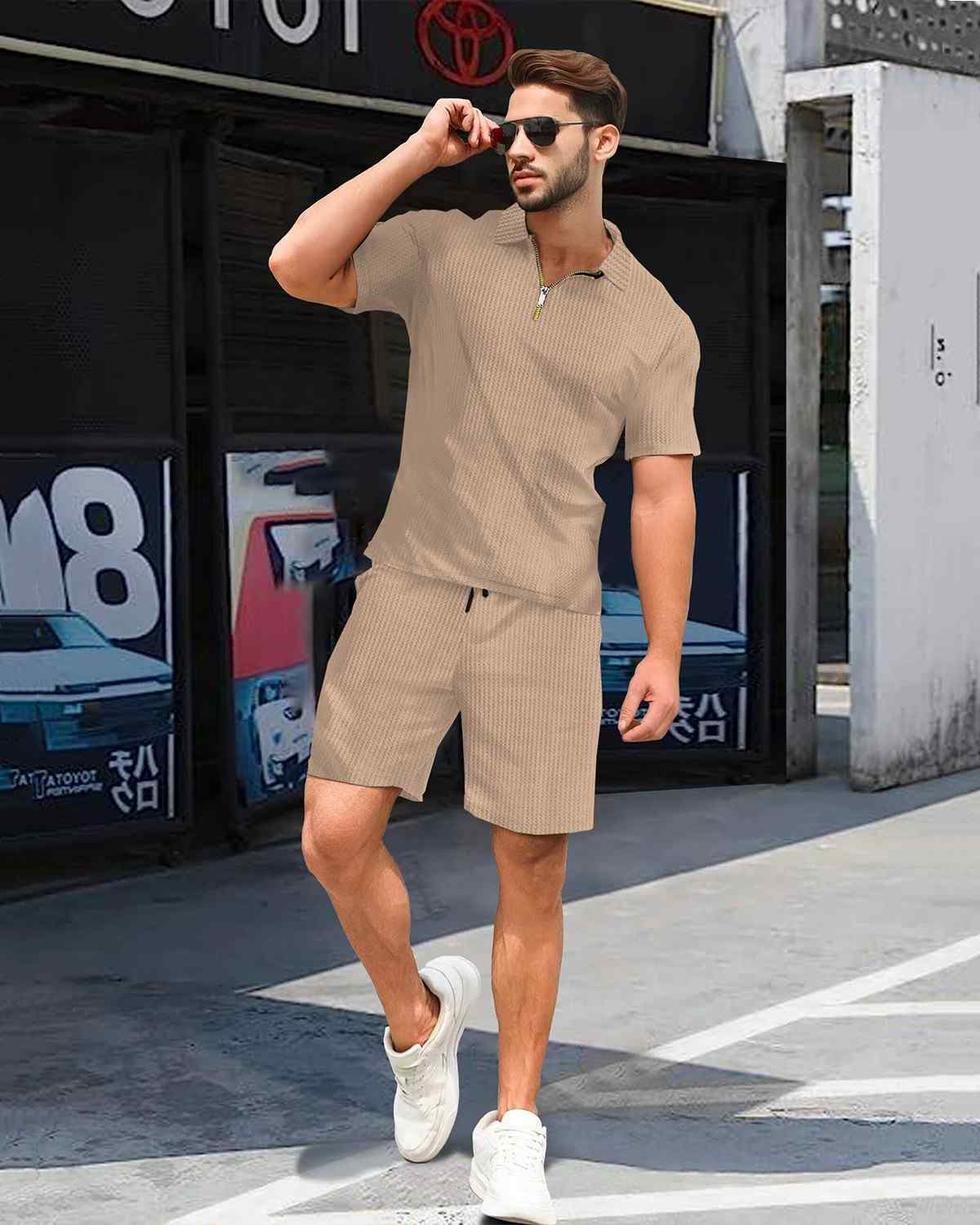Beige Half Sleeve Polo Tshirt & Shorts Outfit Sets