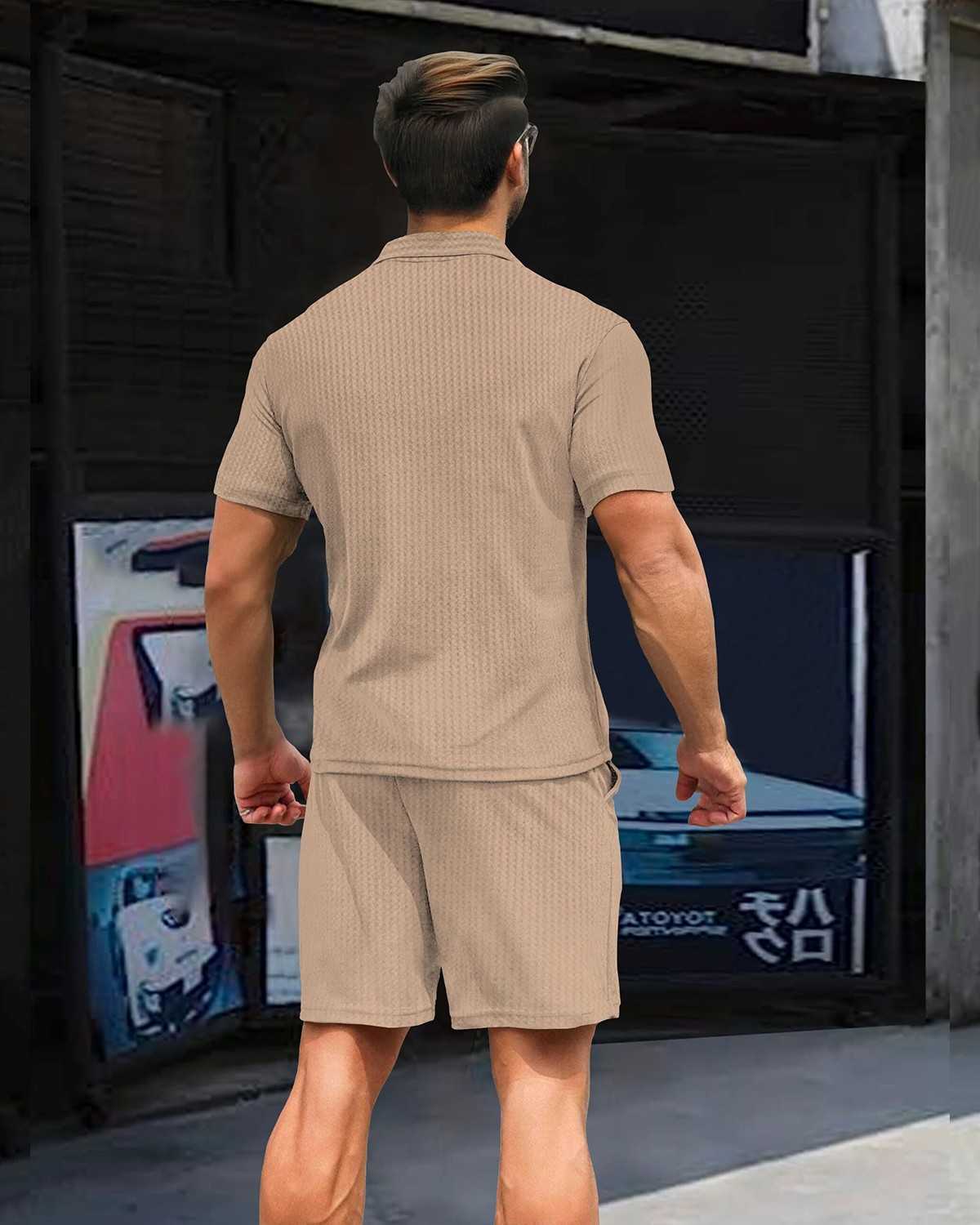 Beige Half Sleeve Polo Tshirt & Shorts Outfit Sets