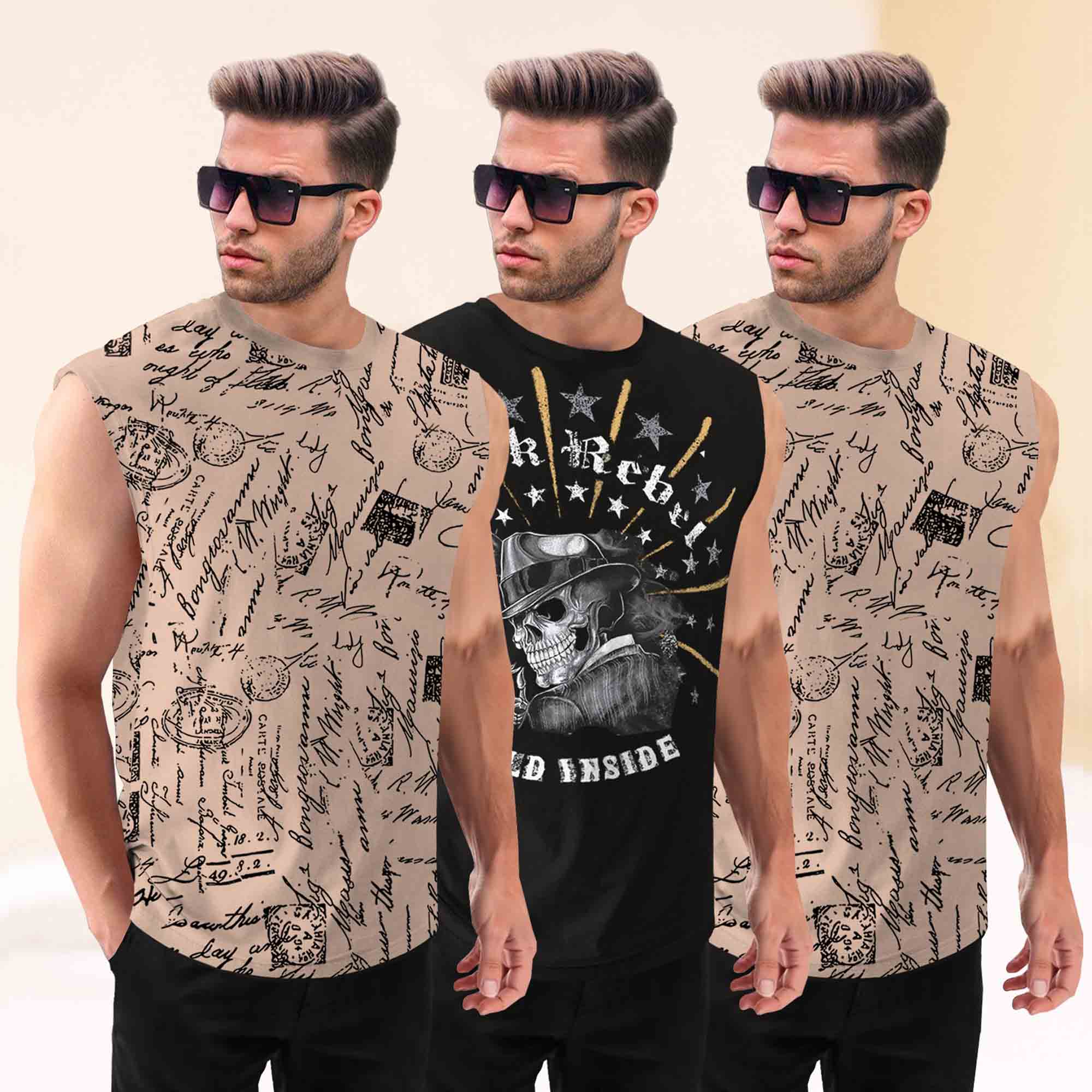 Pack Of 3 Black & Beige Round Neck Printed Sleeveless Vest Combo