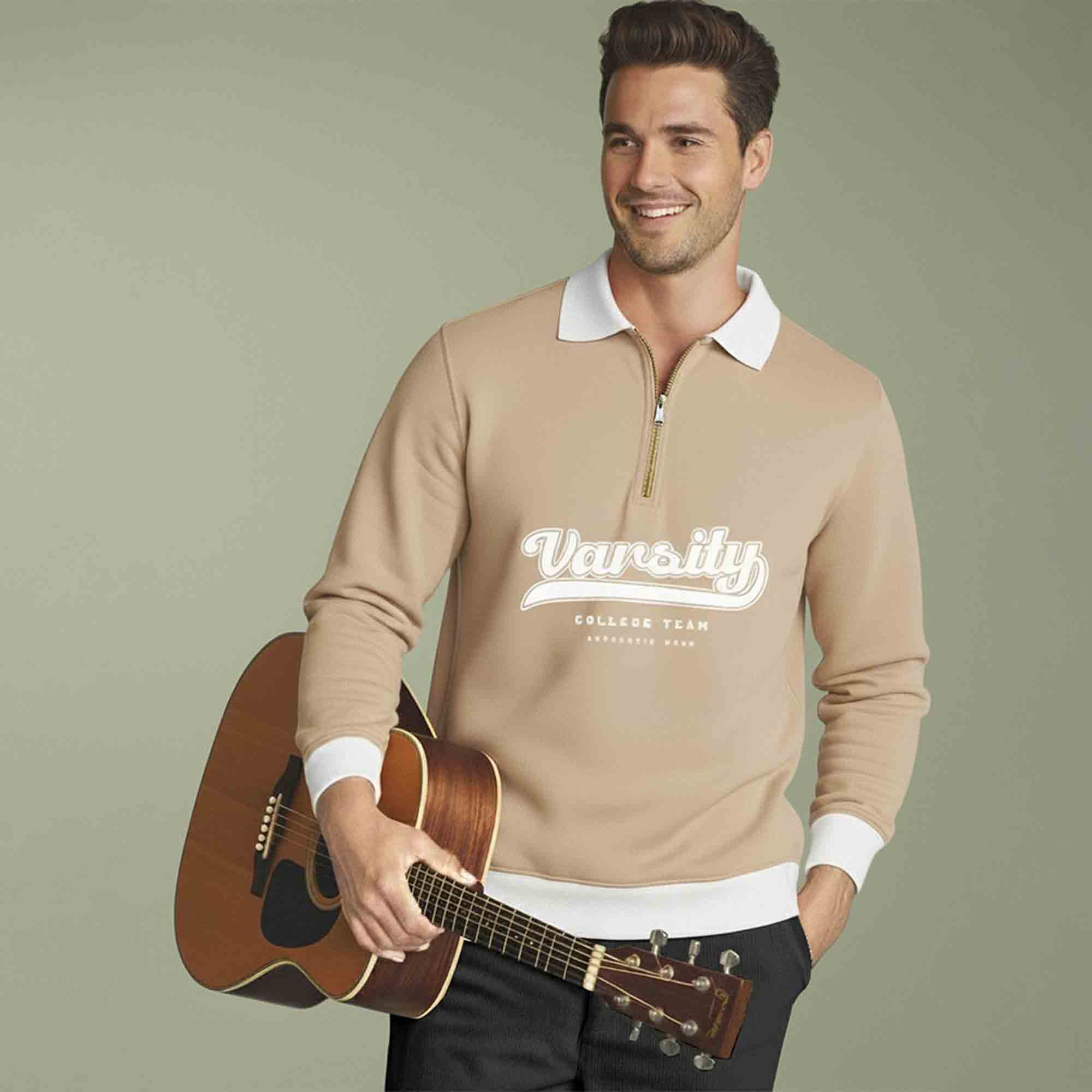 Polo Neck Quarter Zip Beige Sweatshirt