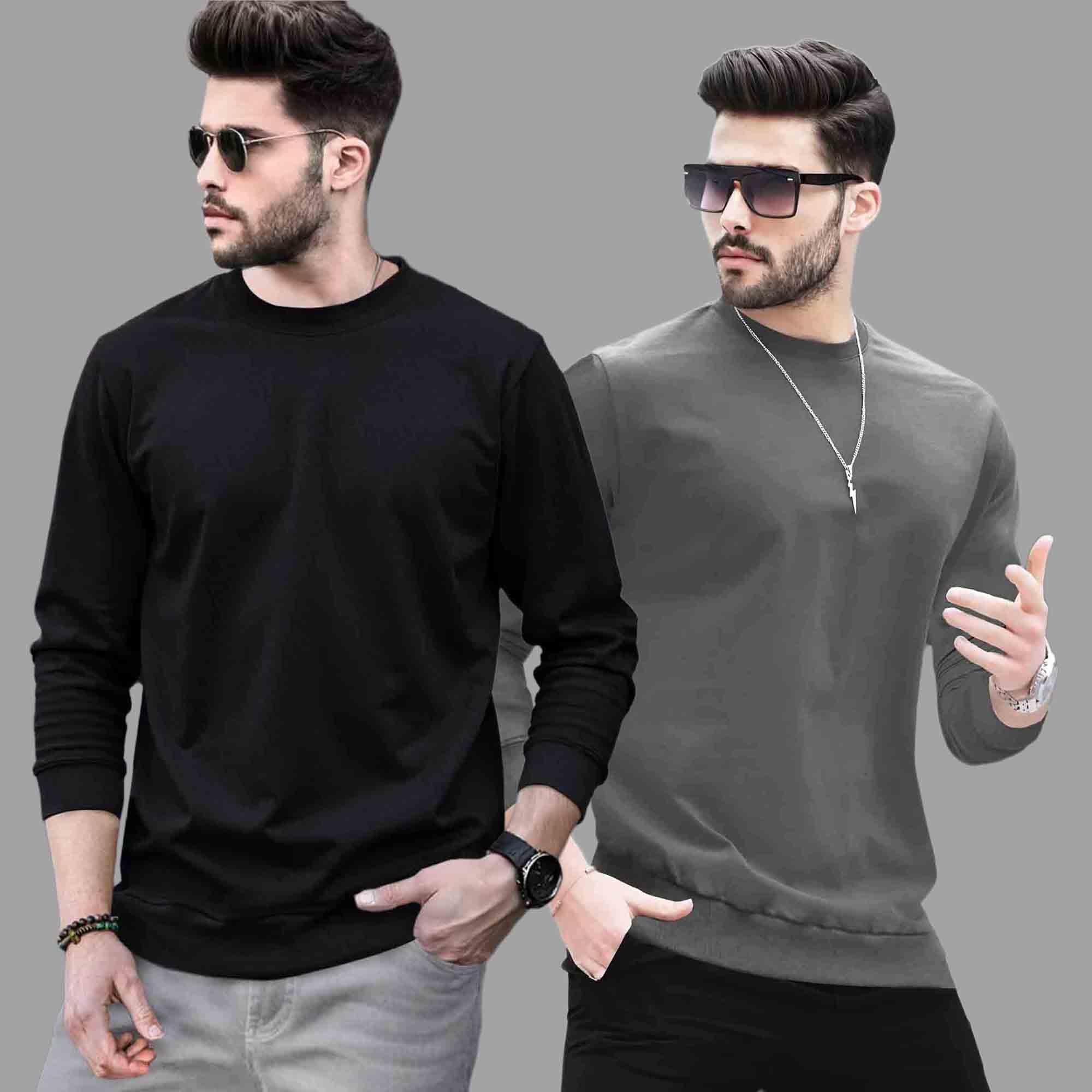 Pack Of 2 - Men Round Neck Full Sleeve Plain T-shirts - 12 Variants