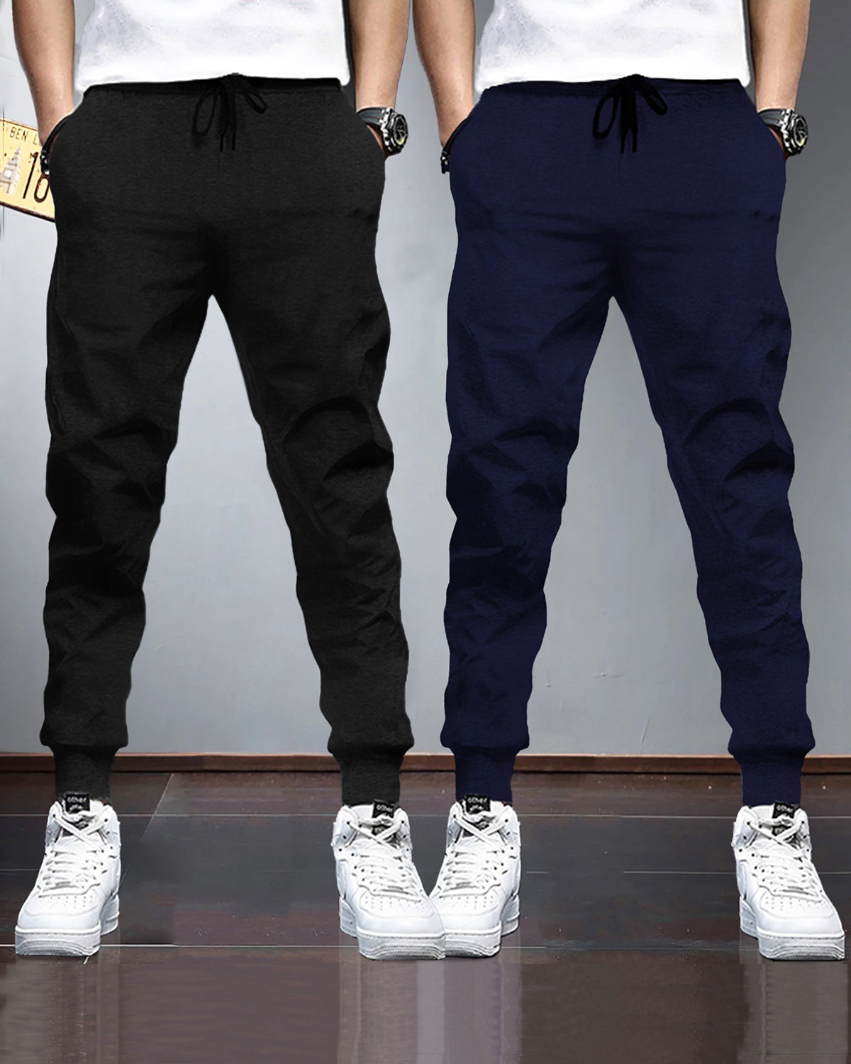 (Pack Of 2) Mens Plain Black & Navy Blue Tarackpants