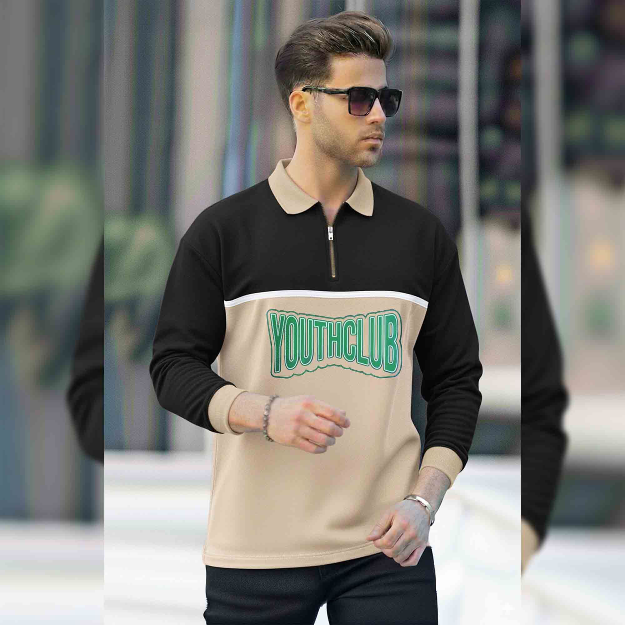 Men Colorblock Polo Neck Full Sleeve T-Shirt Black & Beige
