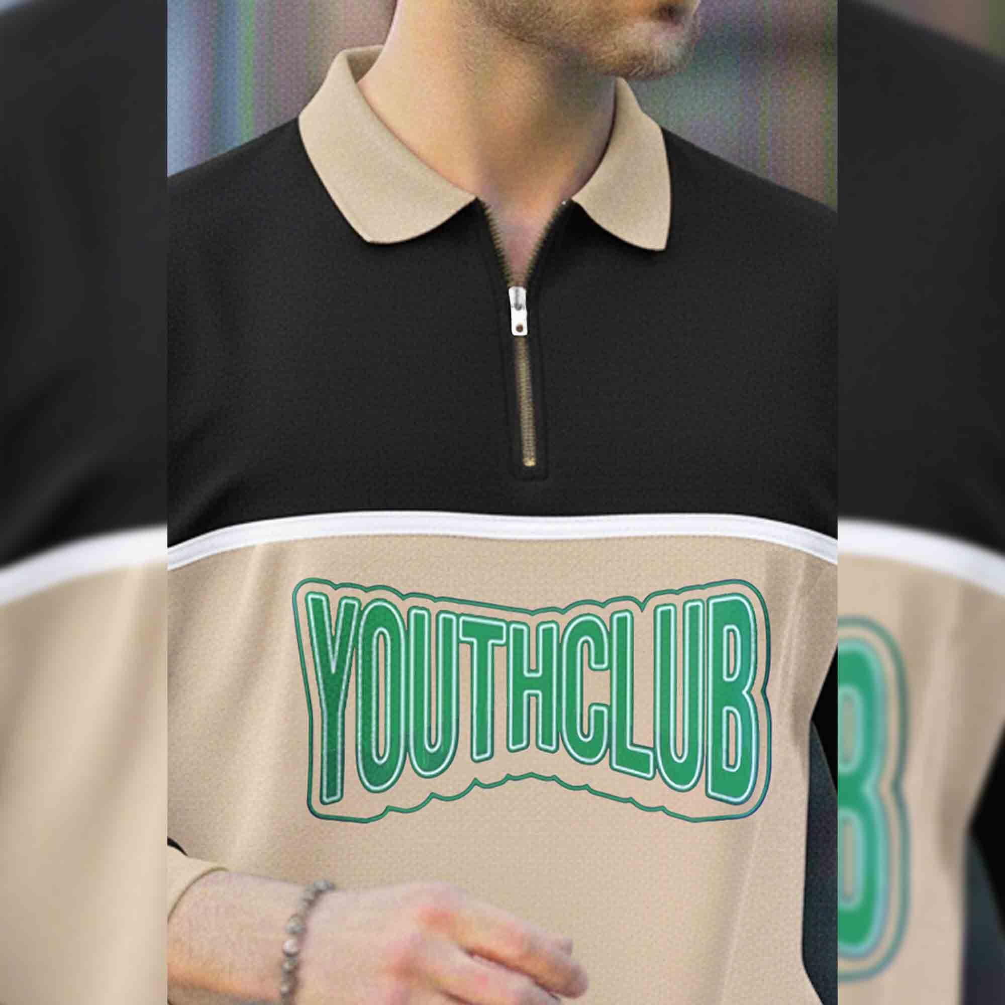 Men Colorblock Polo Neck Full Sleeve T-Shirt Black & Beige