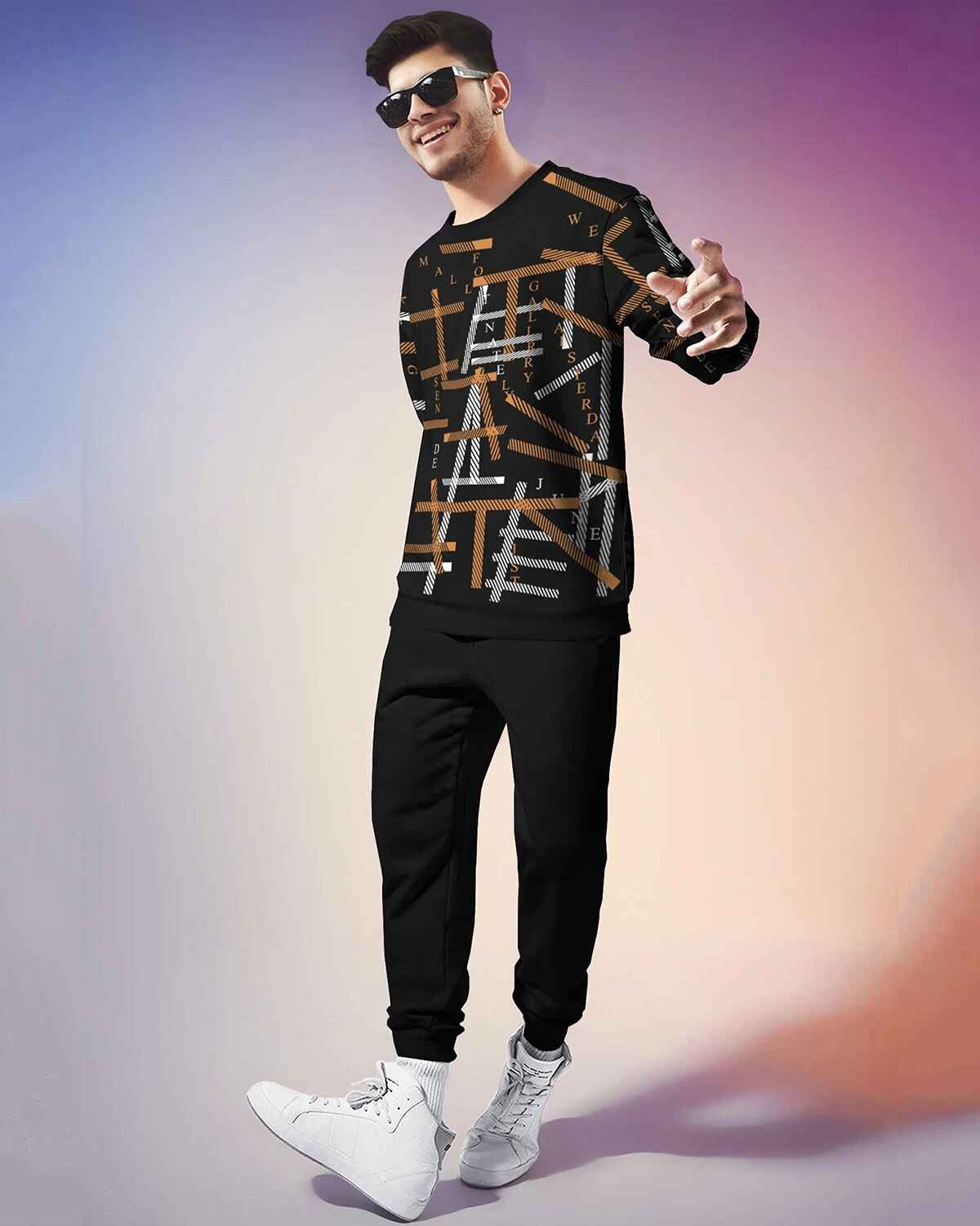 Tracksuit All Over Printed Full Sleeve T-shirt Black & Brown with Plain Black Trackpant