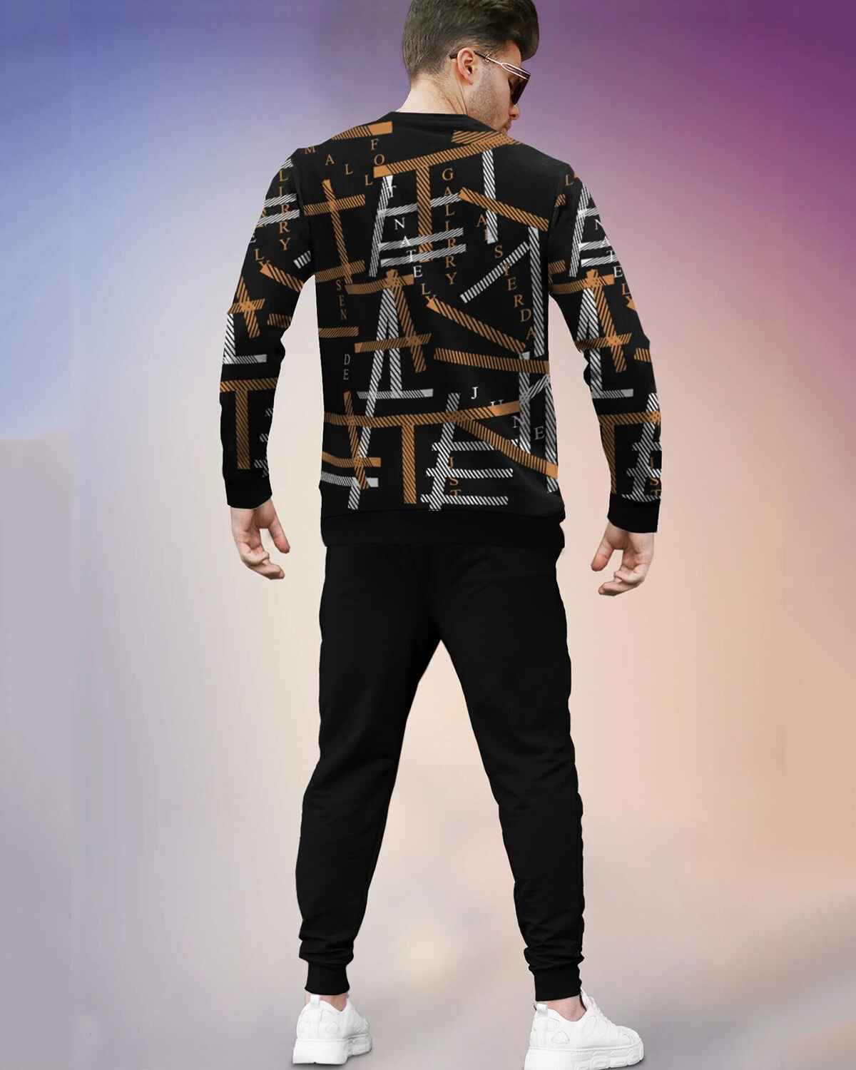 Tracksuit All Over Printed Full Sleeve T-shirt Black & Brown with Plain Black Trackpant