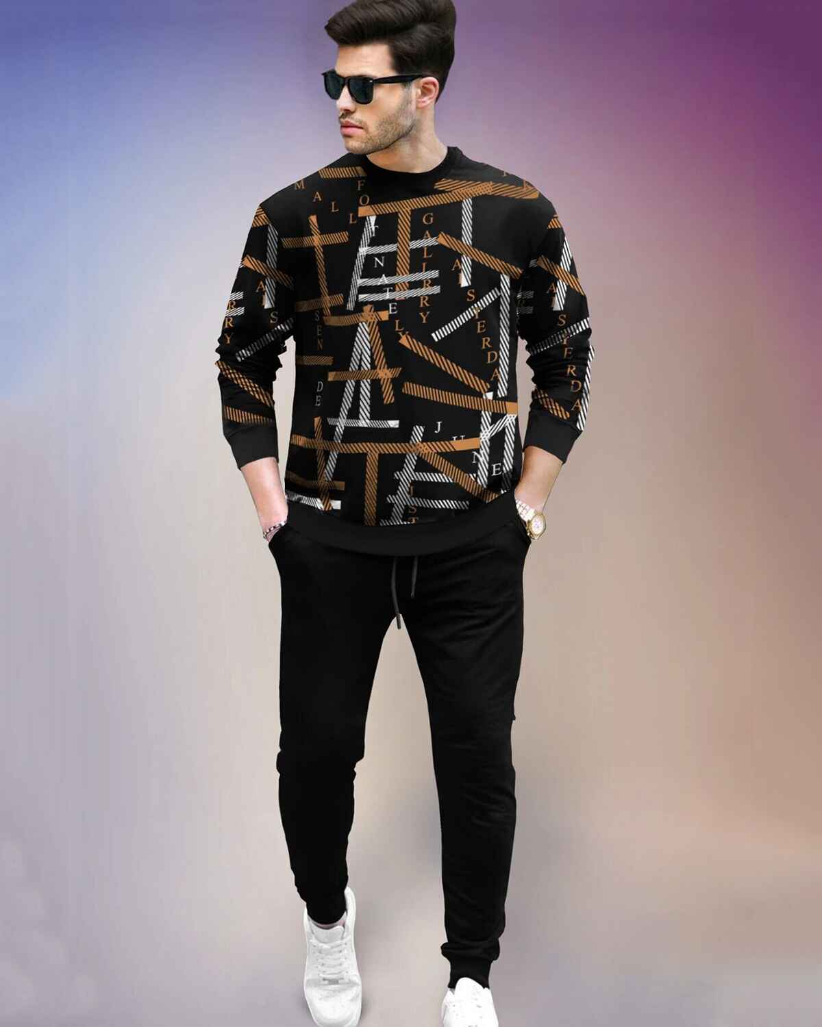 Tracksuit All Over Printed Full Sleeve T-shirt Black & Brown with Plain Black Trackpant