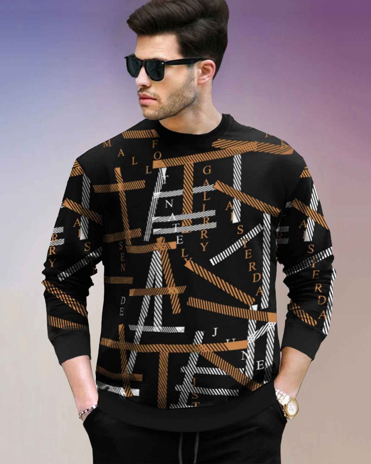 Tracksuit All Over Printed Full Sleeve T-shirt Black & Brown with Plain Black Trackpant