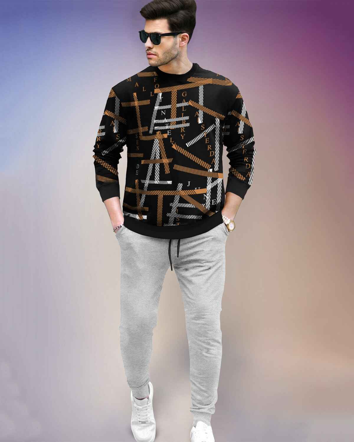 Tracksuit All Over Printed Full Sleeve T-shirt Black & Brown with Plain Grey Trackpant