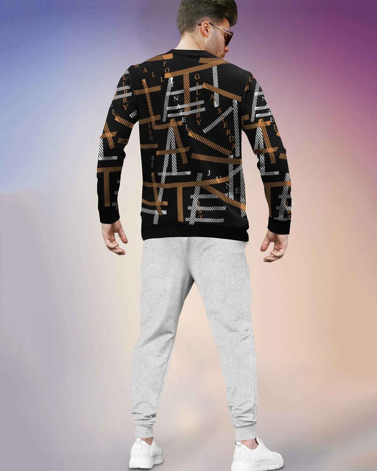 Tracksuit All Over Printed Full Sleeve T-shirt Black & Brown with Plain Grey Trackpant