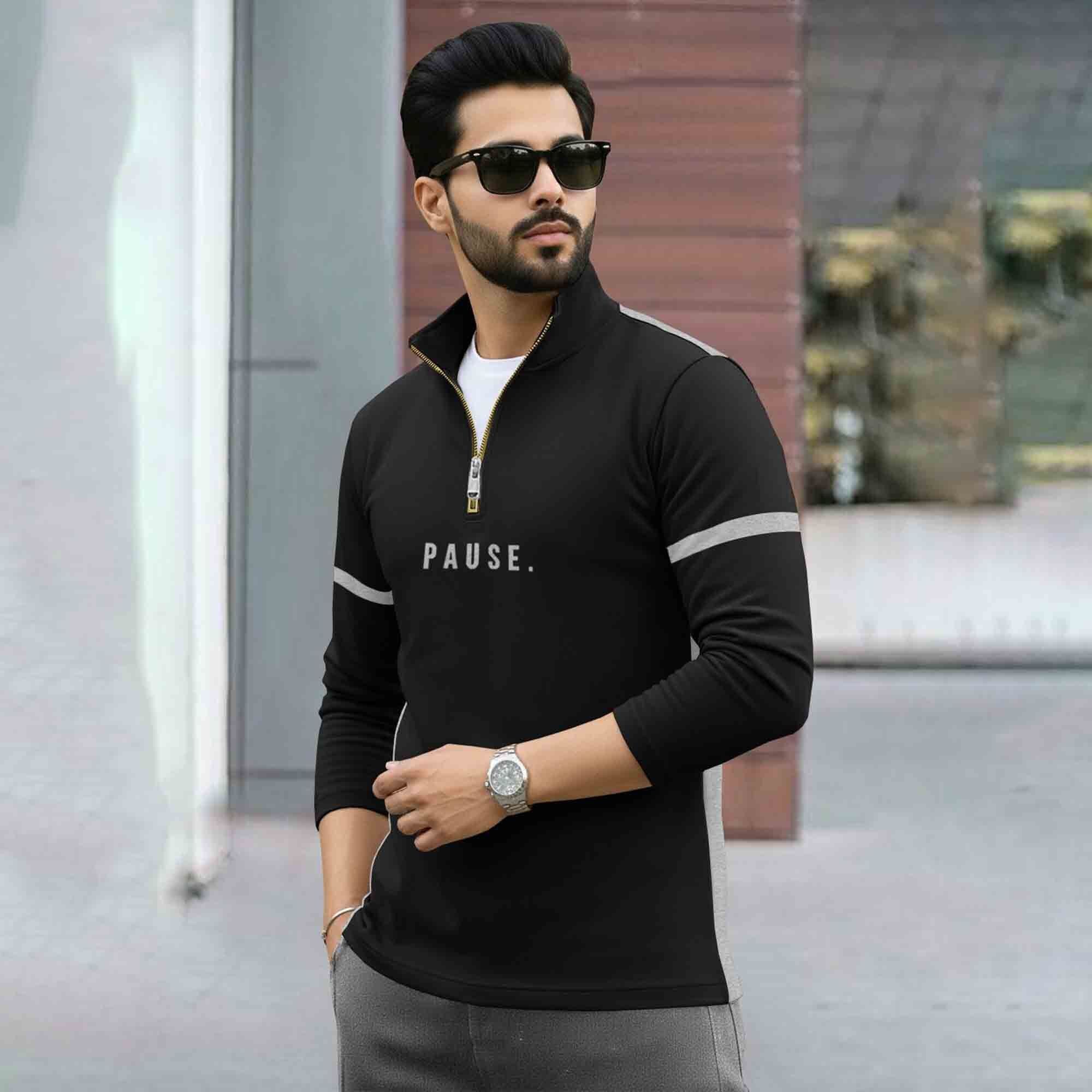 Men Full Sleeve High Neck Arm Striped Pause Printed T-shirt Black-Grey