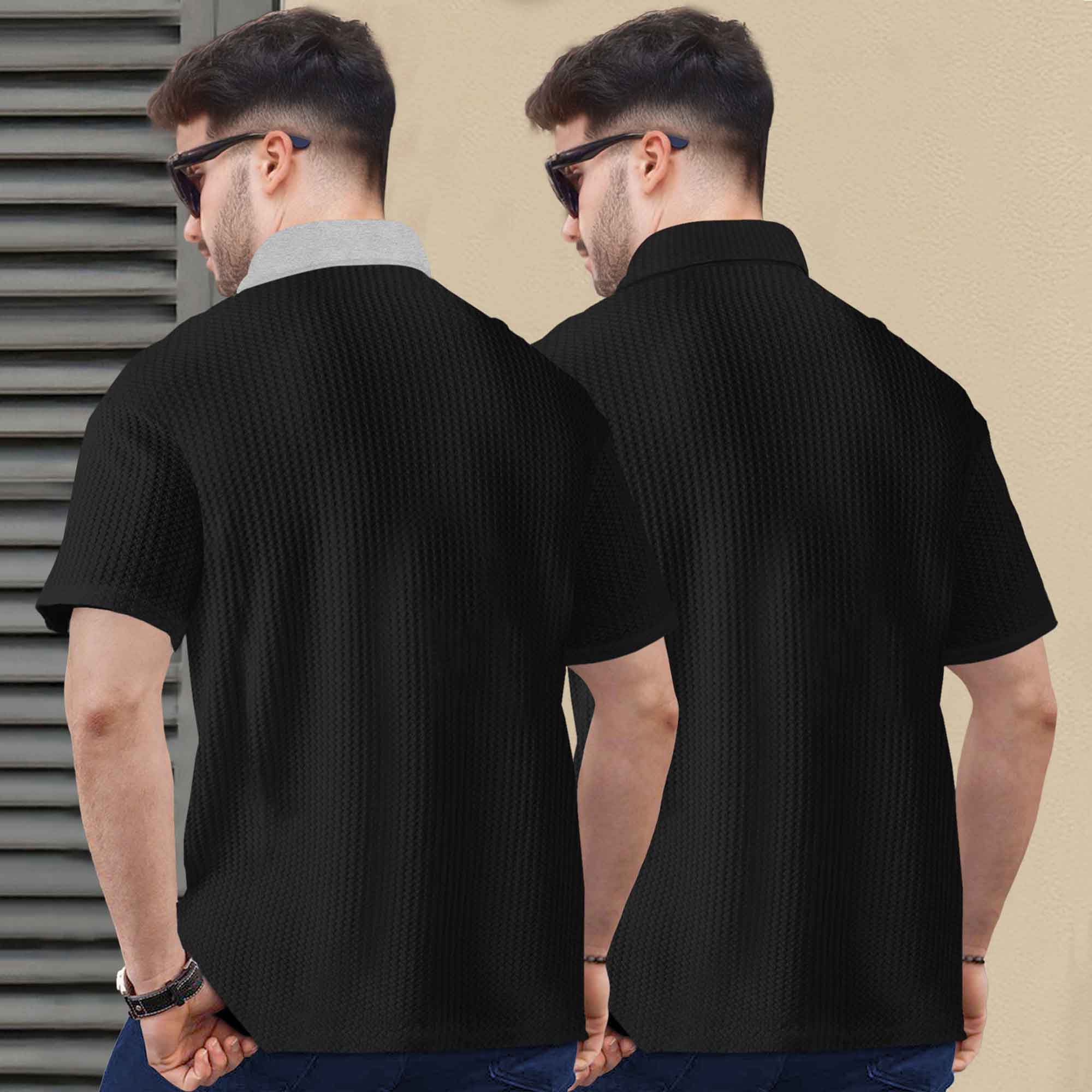 (Pack Of 2) Polo Waffle Grey & Black Textured T-shirts