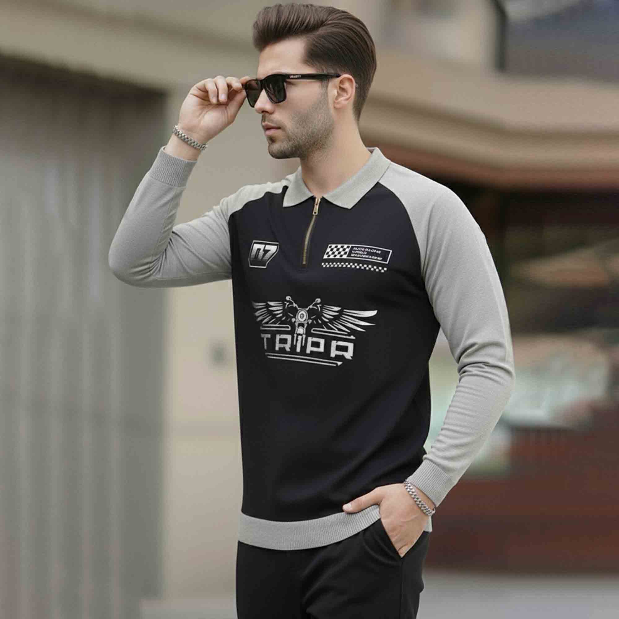 Men Colorblocked Winter Polo Neck Black Sweatshirt
