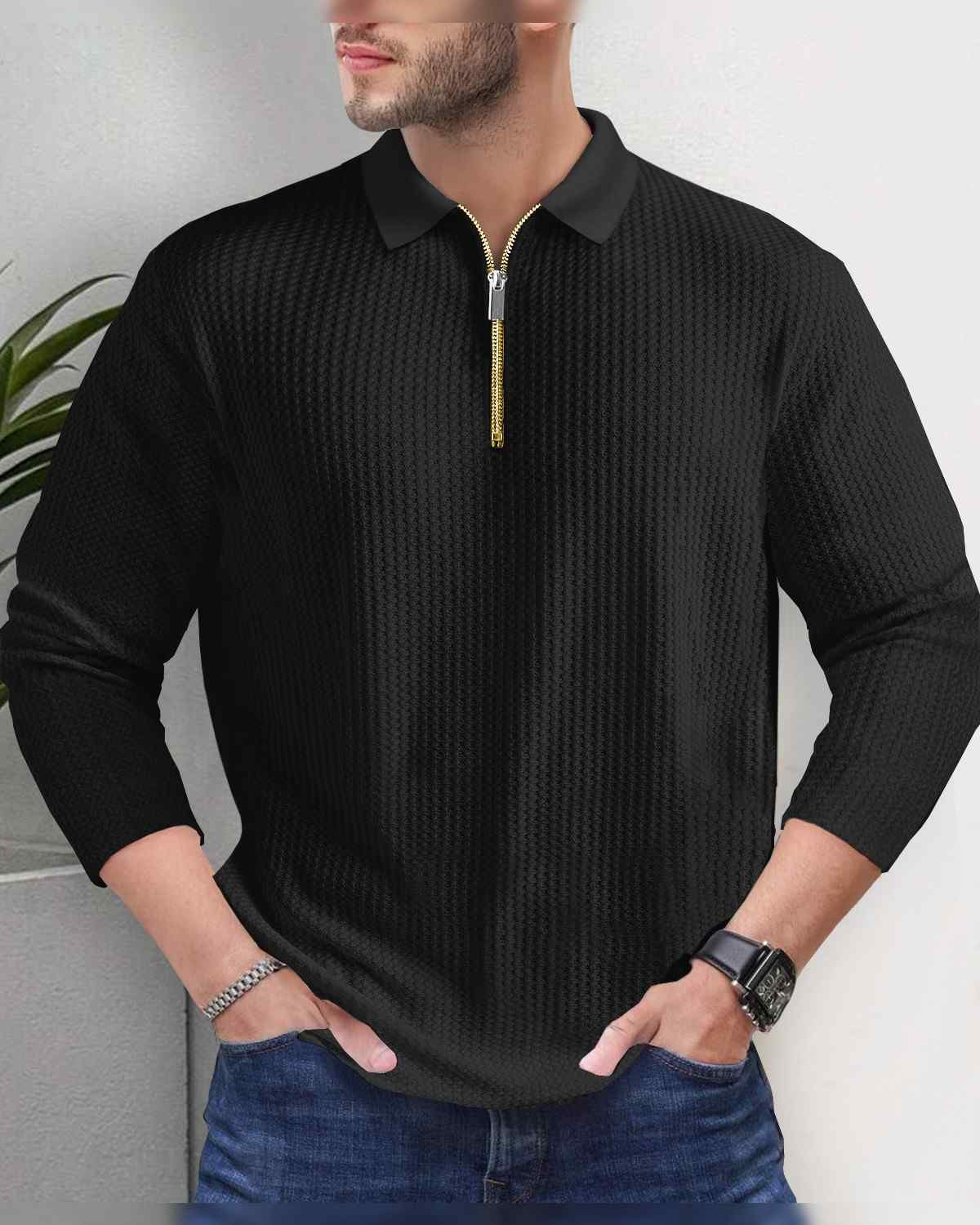 Men’s Waffle Textured White Full Sleeve Polo T-Shirt with Quarter Zip Neck