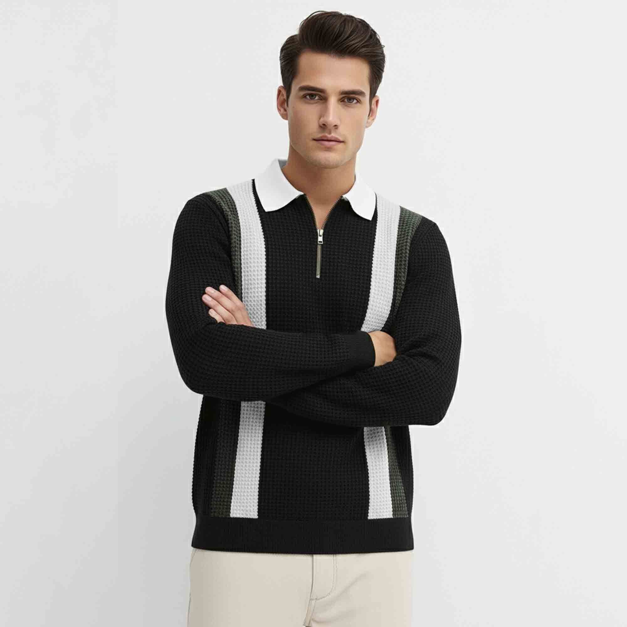 Men Colorblock Polo Neck Full Sleeve T-Shirt Black