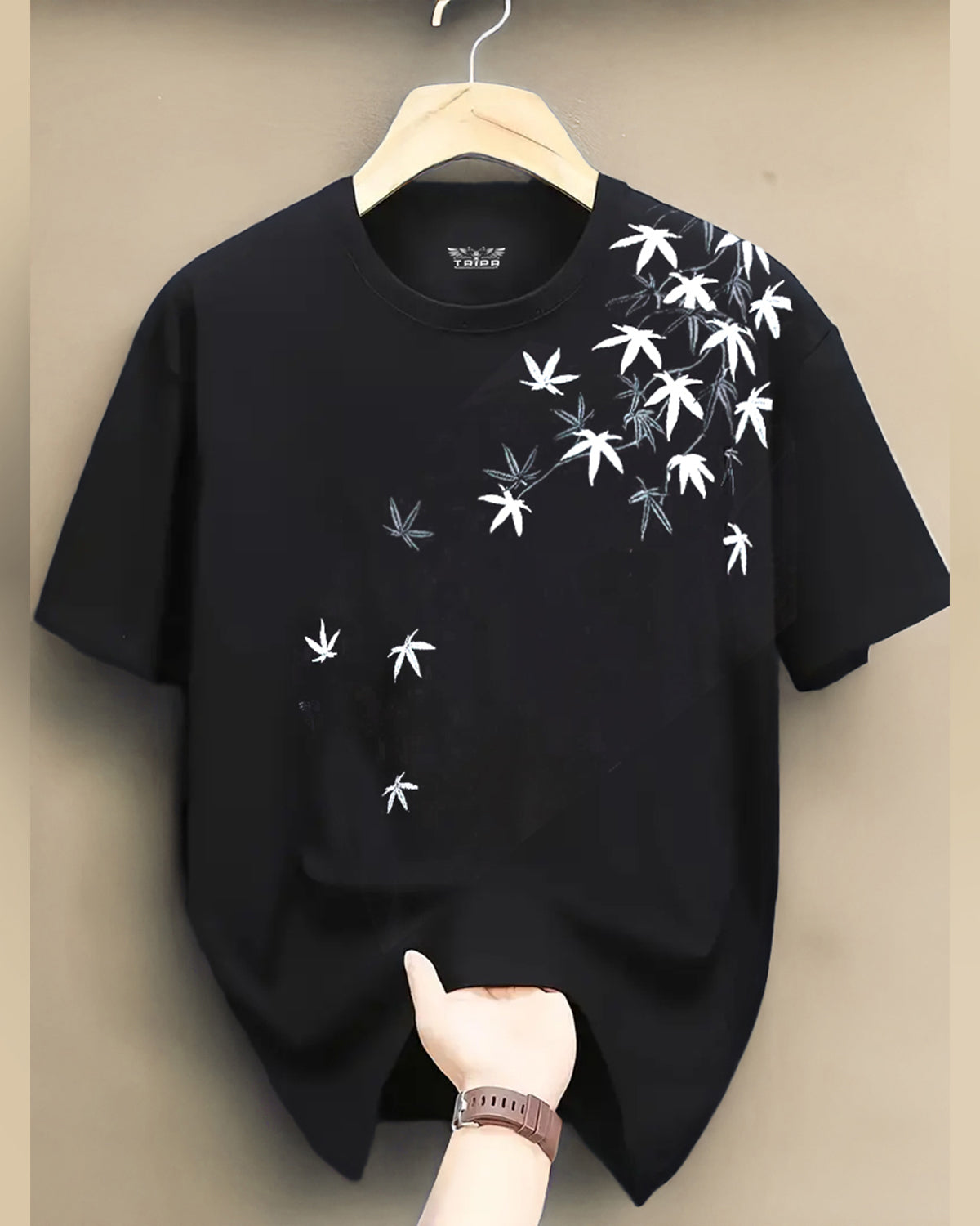 Feather Printed Half Sleeve Round Neck Mens Black T-shirt