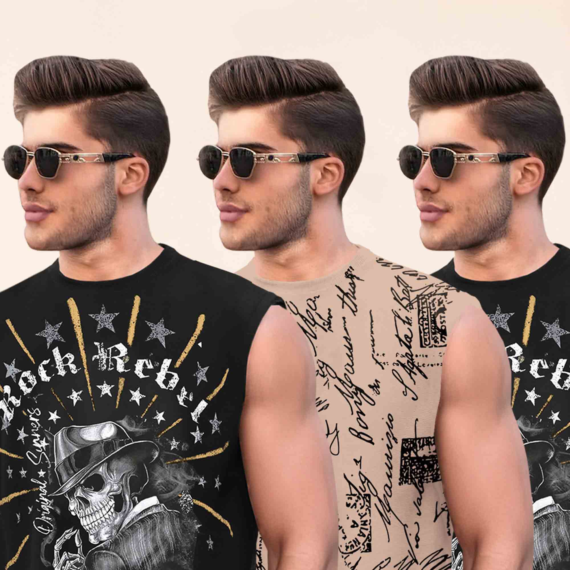 Pack Of 3 Black & Beige Round Neck Printed Sleeveless Vest Combo