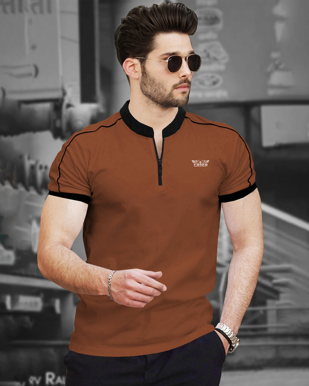 Men Mandarin Collar Contrast Color Zipper Half Sleeve T-shirts