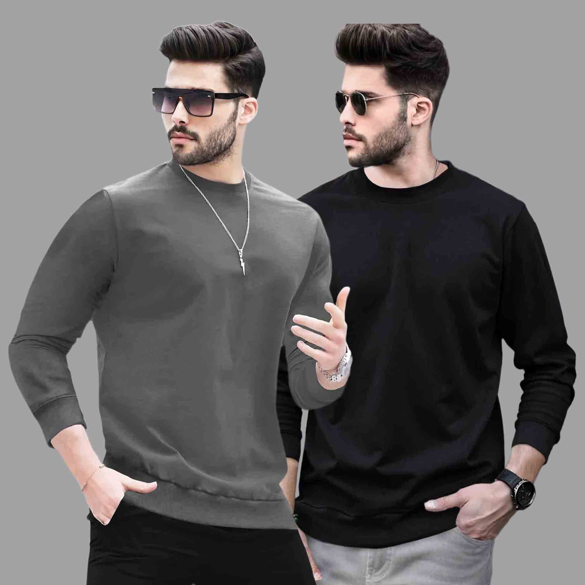 Pack Of 2 - Men Round Neck Full Sleeve Plain T-shirts - 12 Variants
