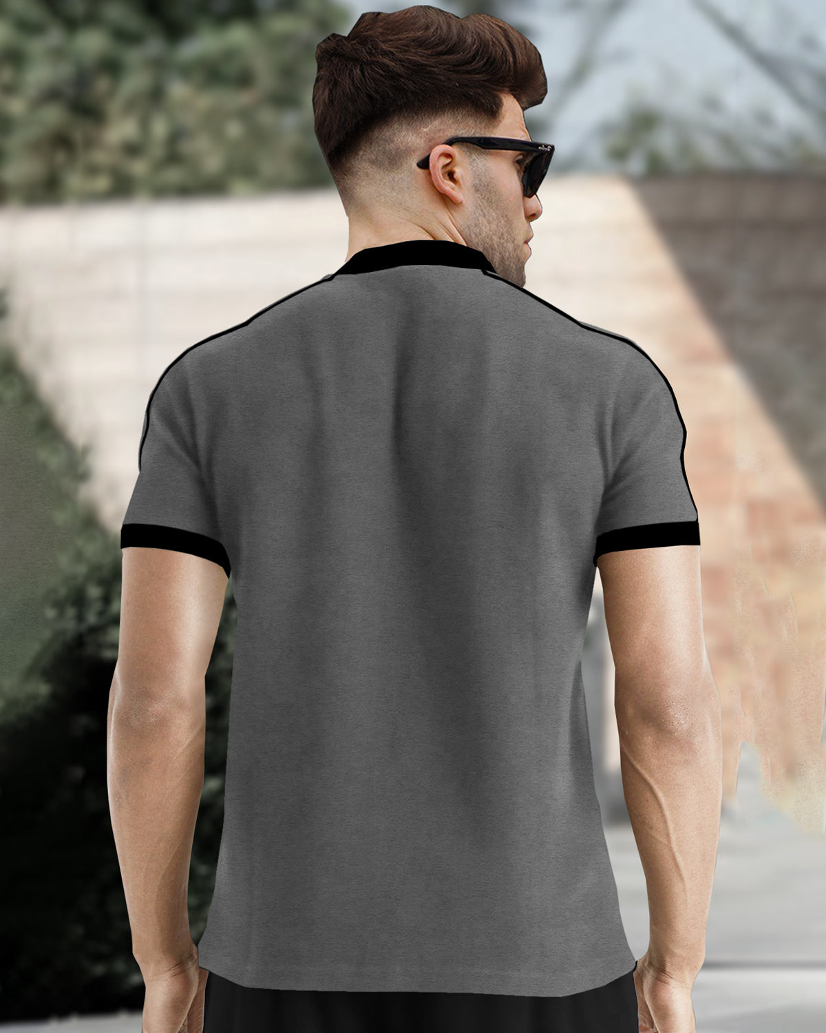 Men Grey Black Contrast Zipper Neck T Shirt
