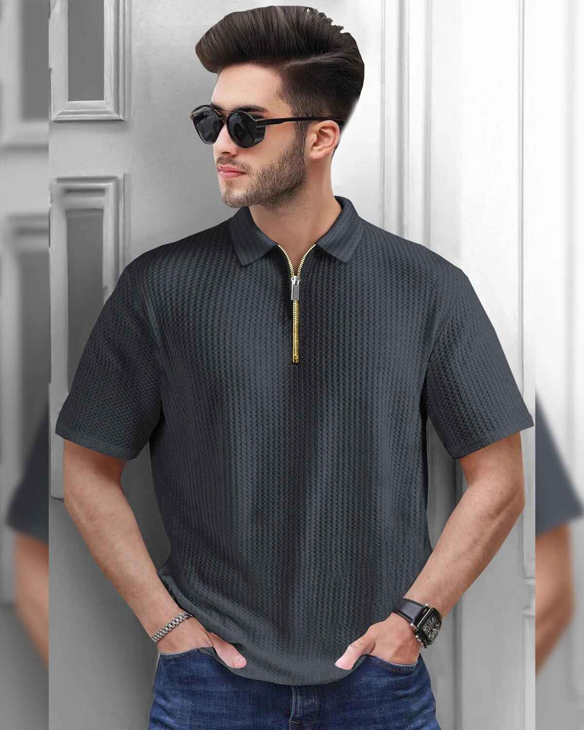 Mens Textured Half Sleeve Zipper Darkgrey Polo Fit Waffle T-shirt