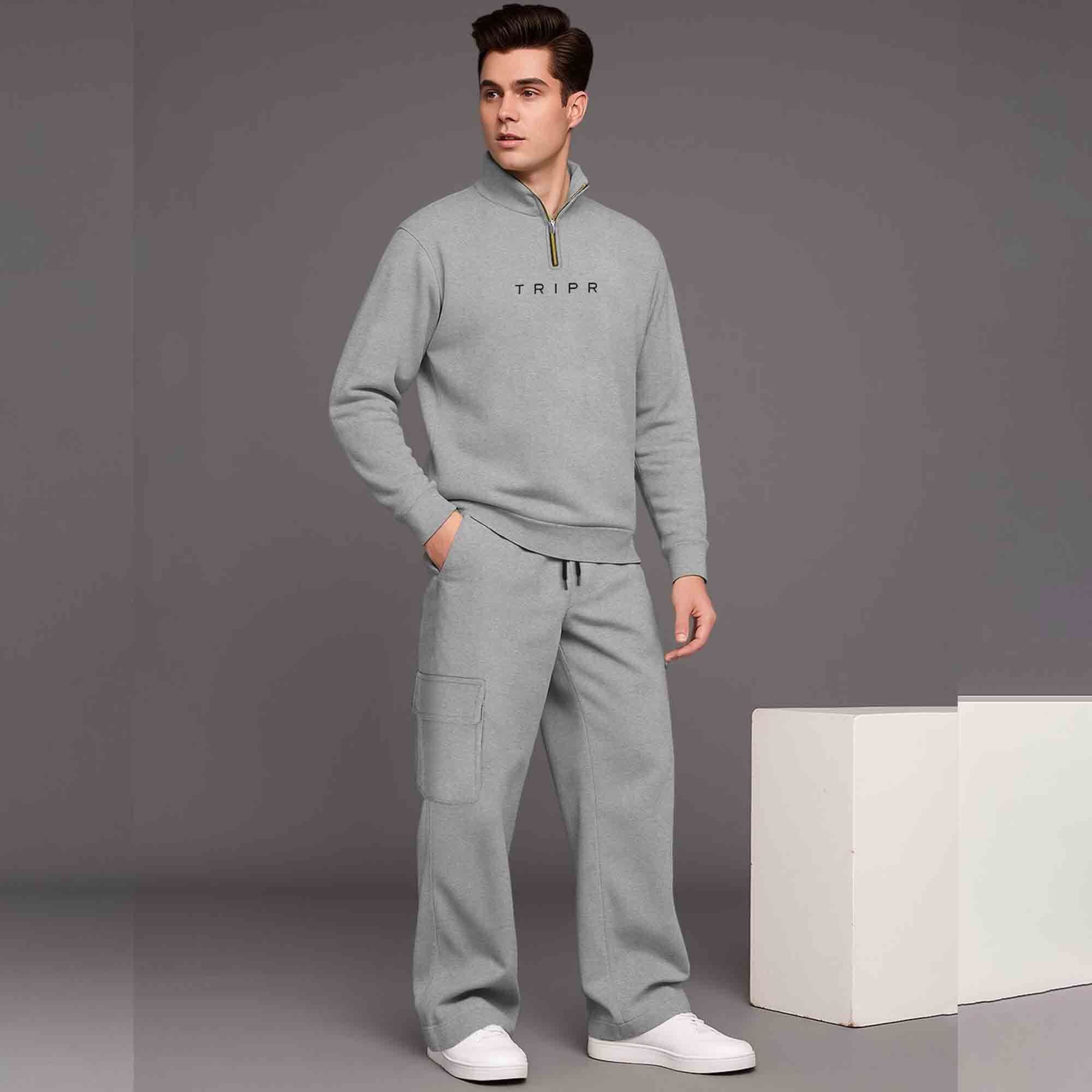 Olive Green High Neck Sweatshirt & Olivegreen Plain Baggy Cargo Tracksuit