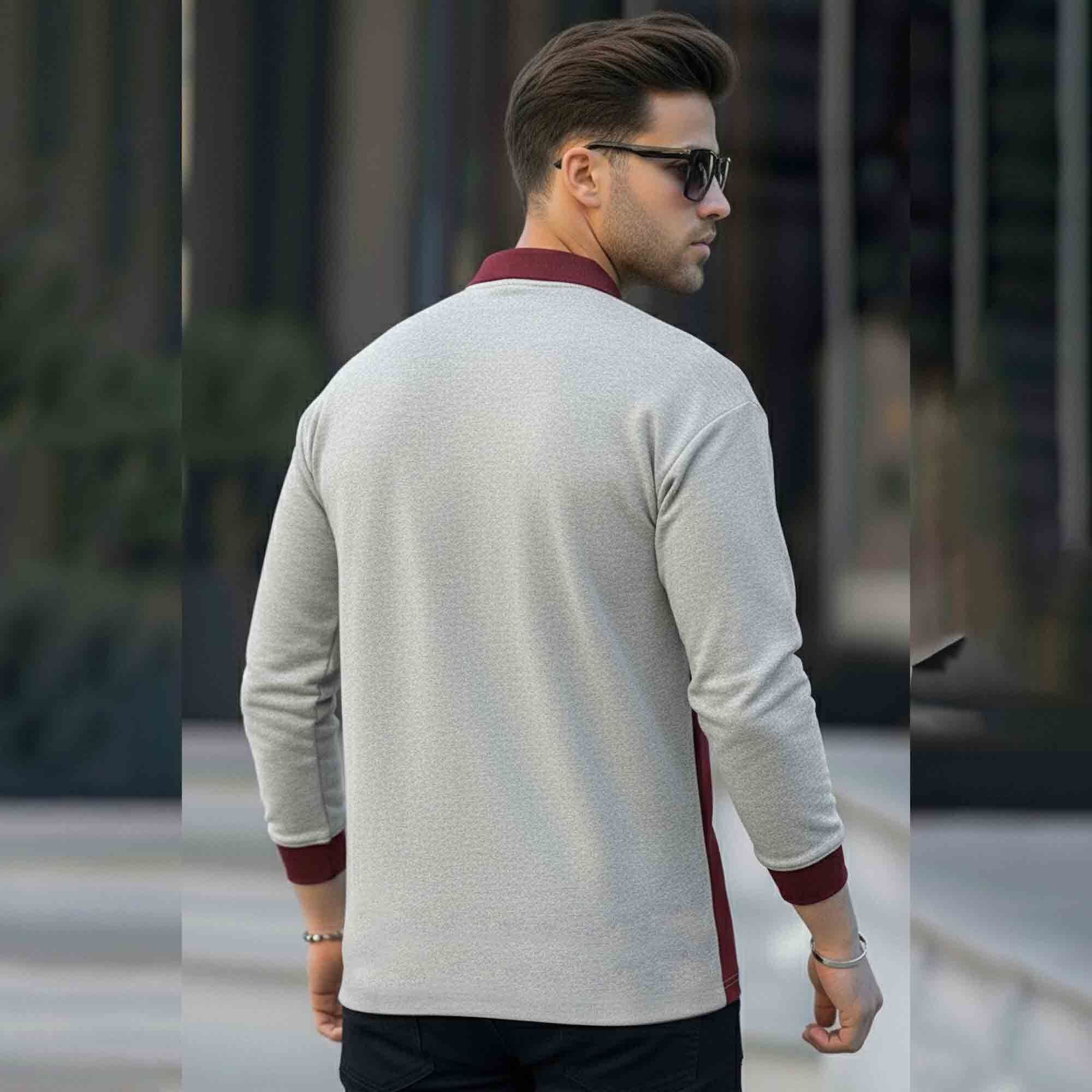 Men Colorblock Polo Neck Full Sleeve T-Shirt Grey & Maroon