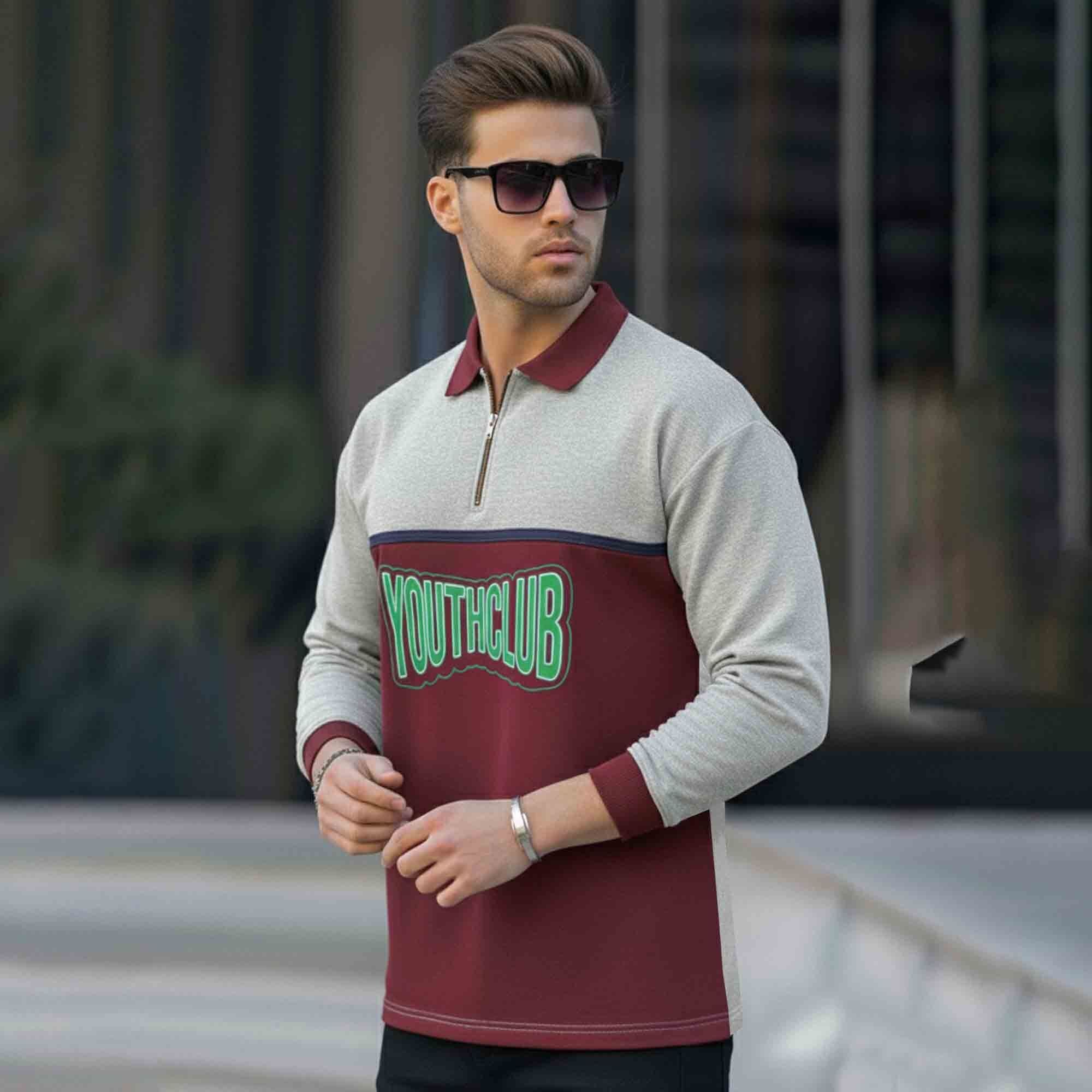 Men Colorblock Polo Neck Full Sleeve T-Shirt Grey & Maroon