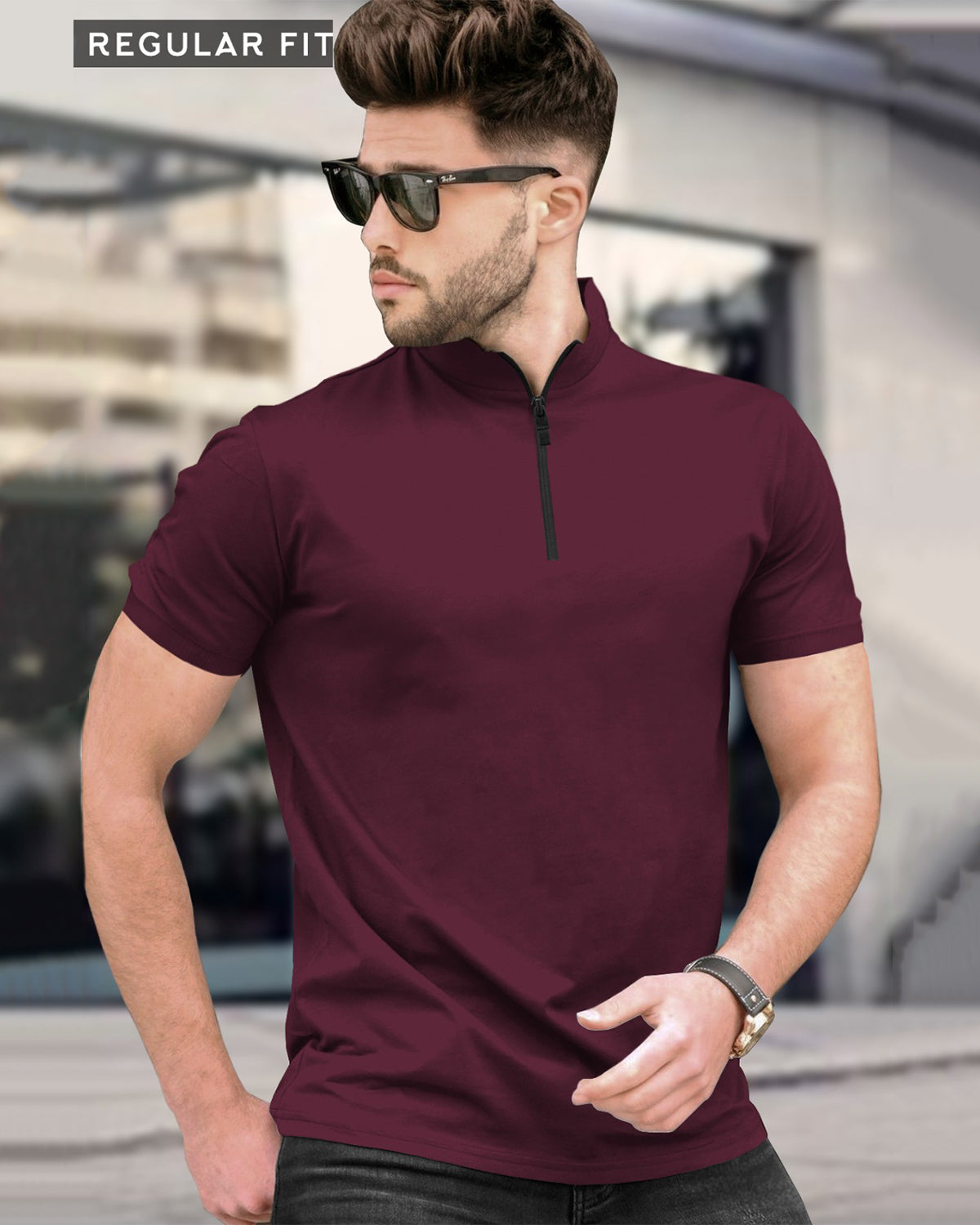 Men High Neck Plain Half Sleeve Maroon T-shirt