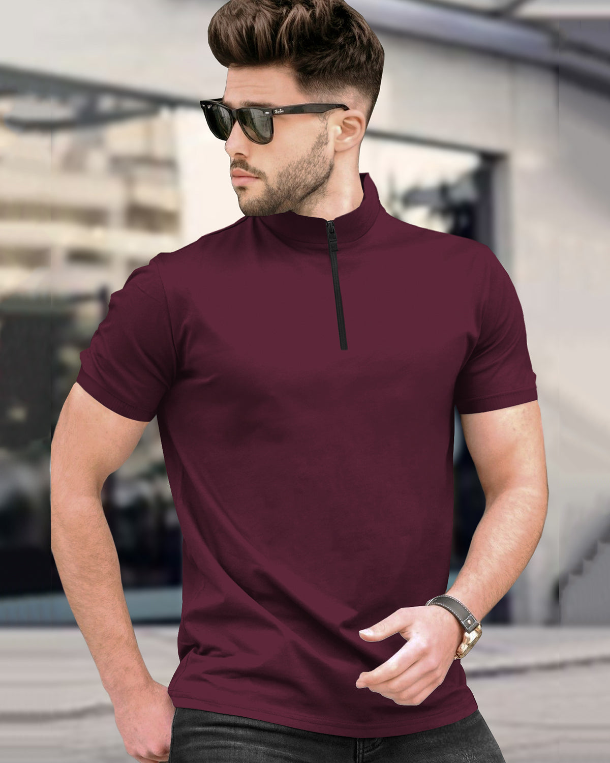 Men High Neck Plain Half Sleeve Maroon T-shirt
