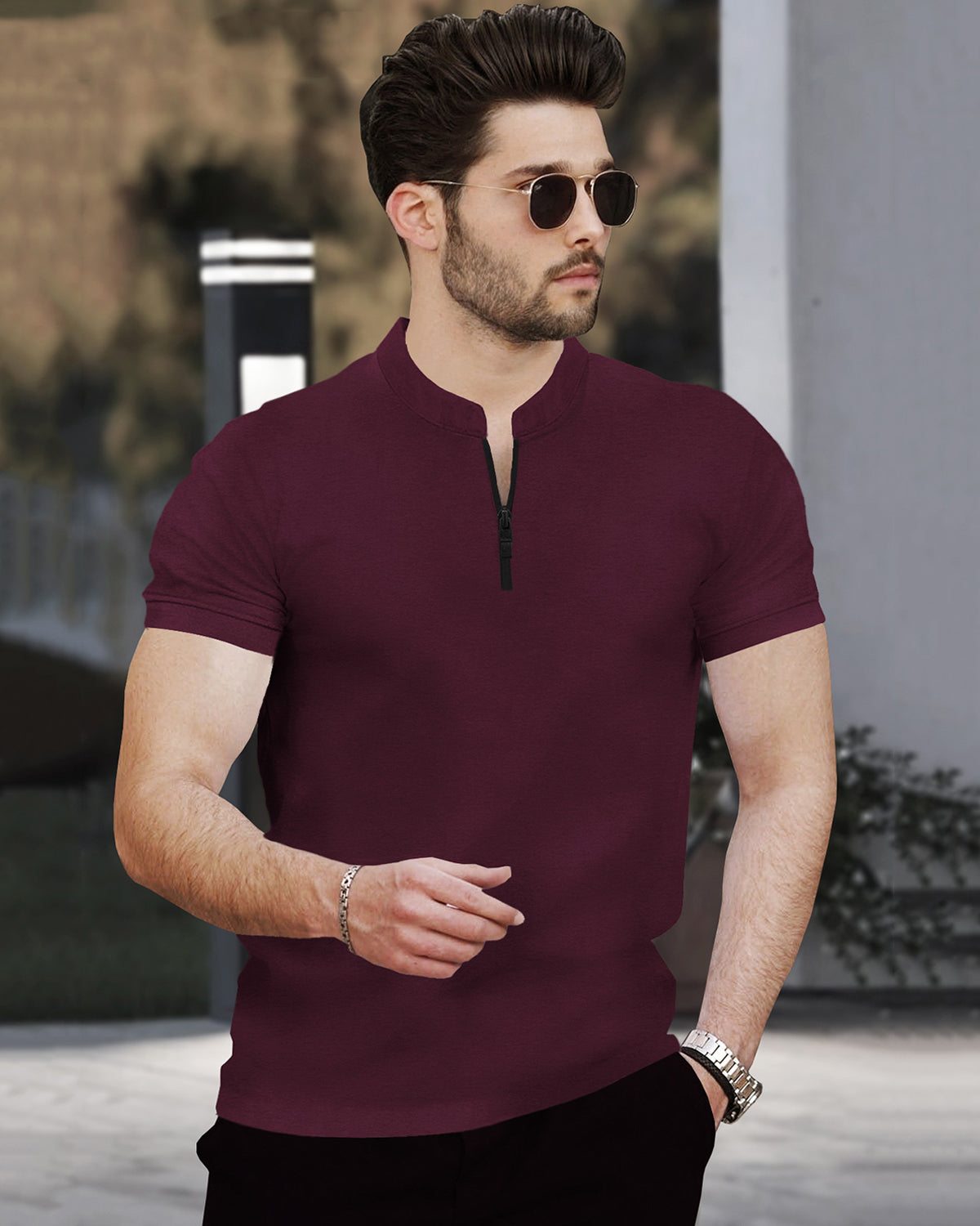 Half Sleeve Henley Neck Zip Type Plain Maroon T-shirt