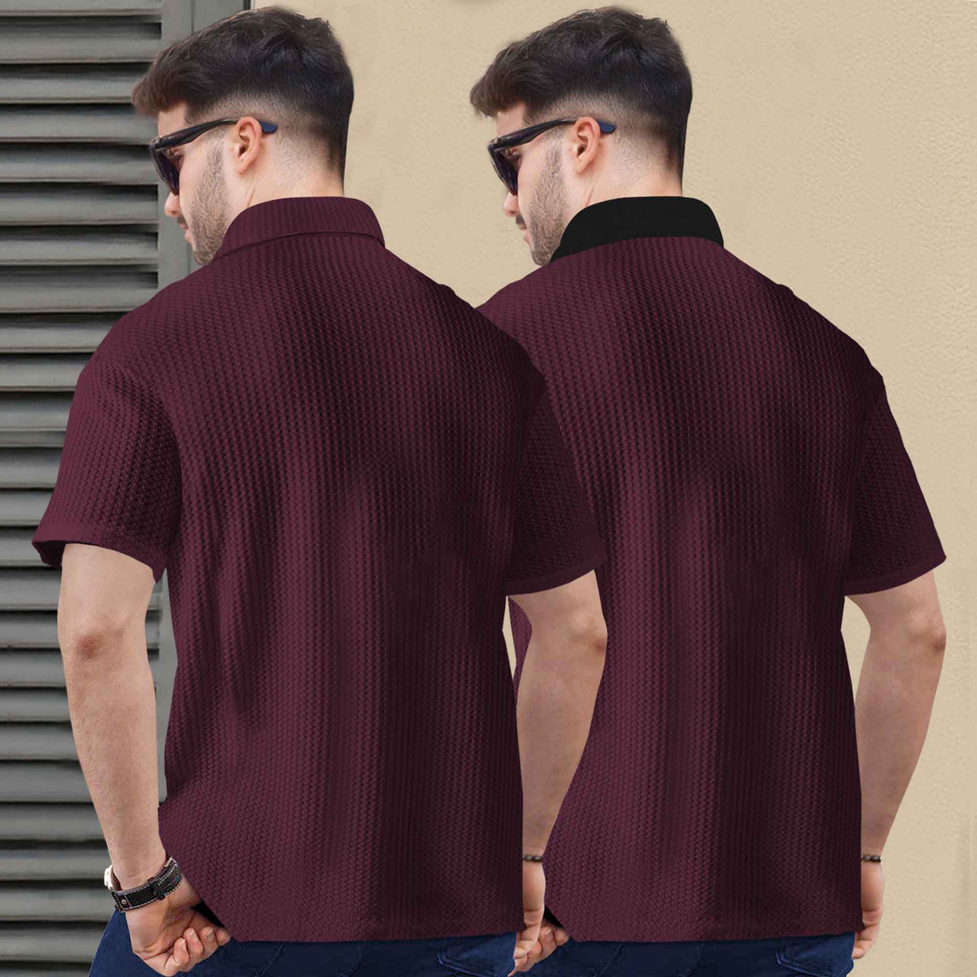 (Pack Of 2) Polo Waffle Maroon & Black Textured T-shirts