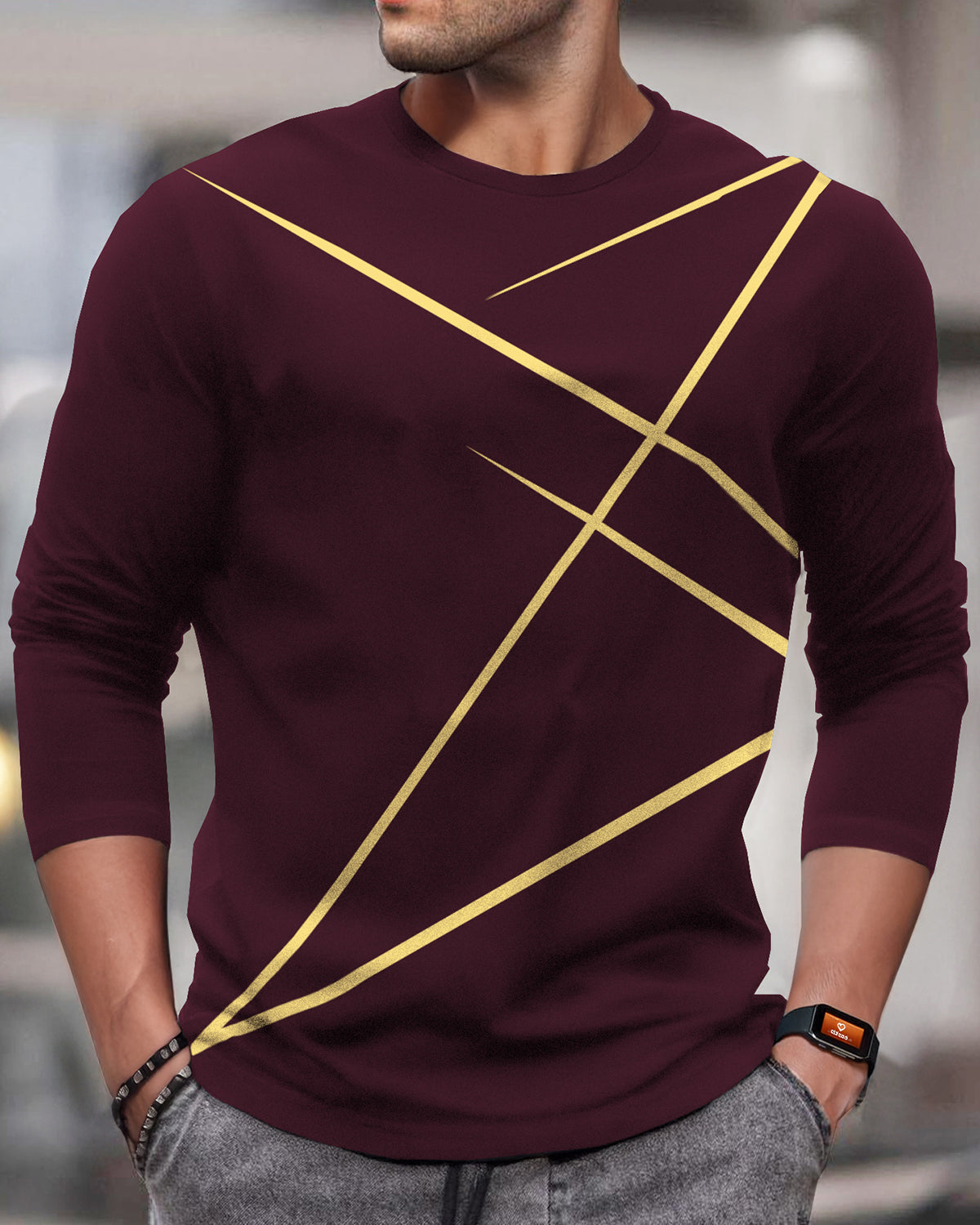 Round Neck Full Sleeve Zig Zag Printed Maroon T-shirt