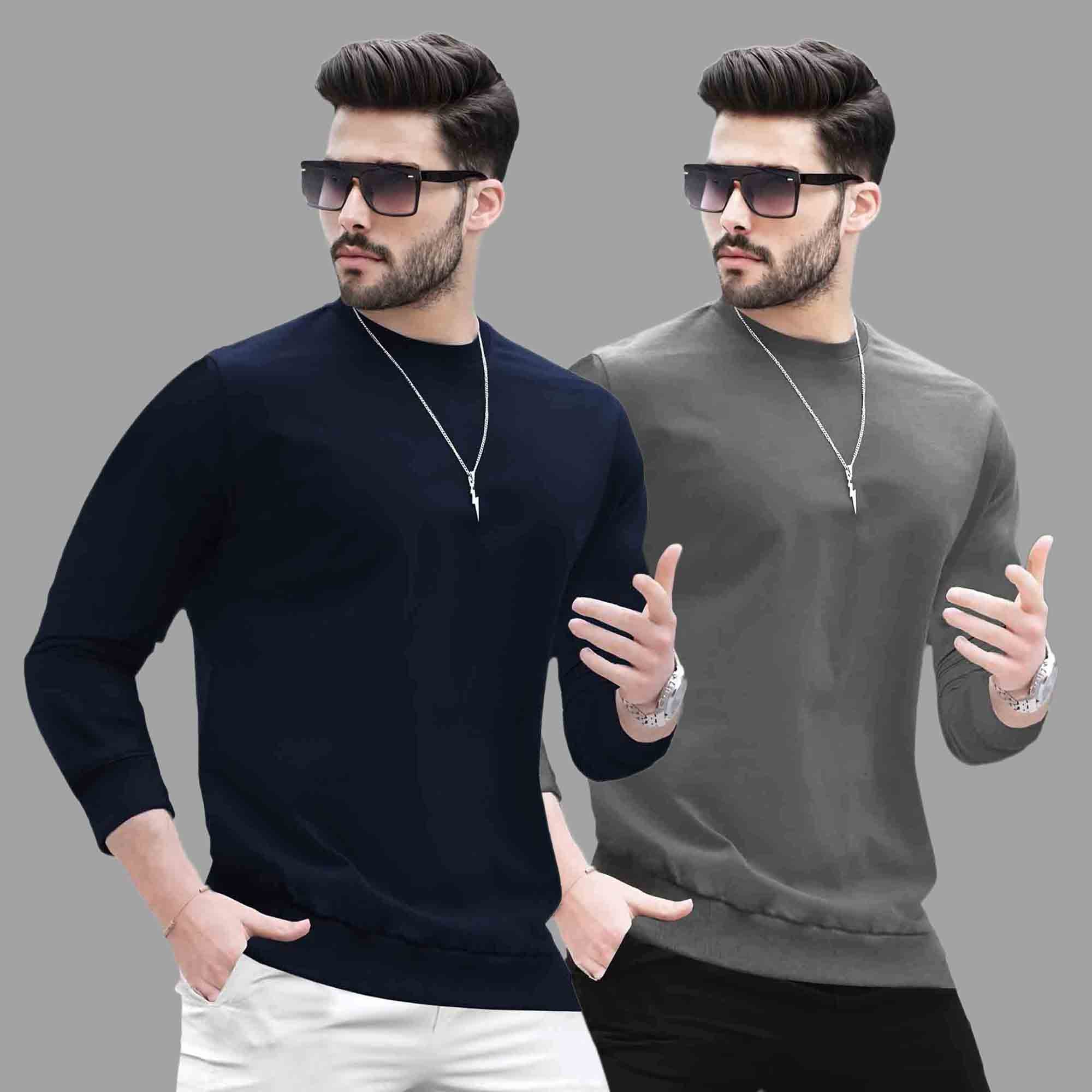 Pack Of 2 - Men Round Neck Full Sleeve Plain T-shirts - 12 Variants