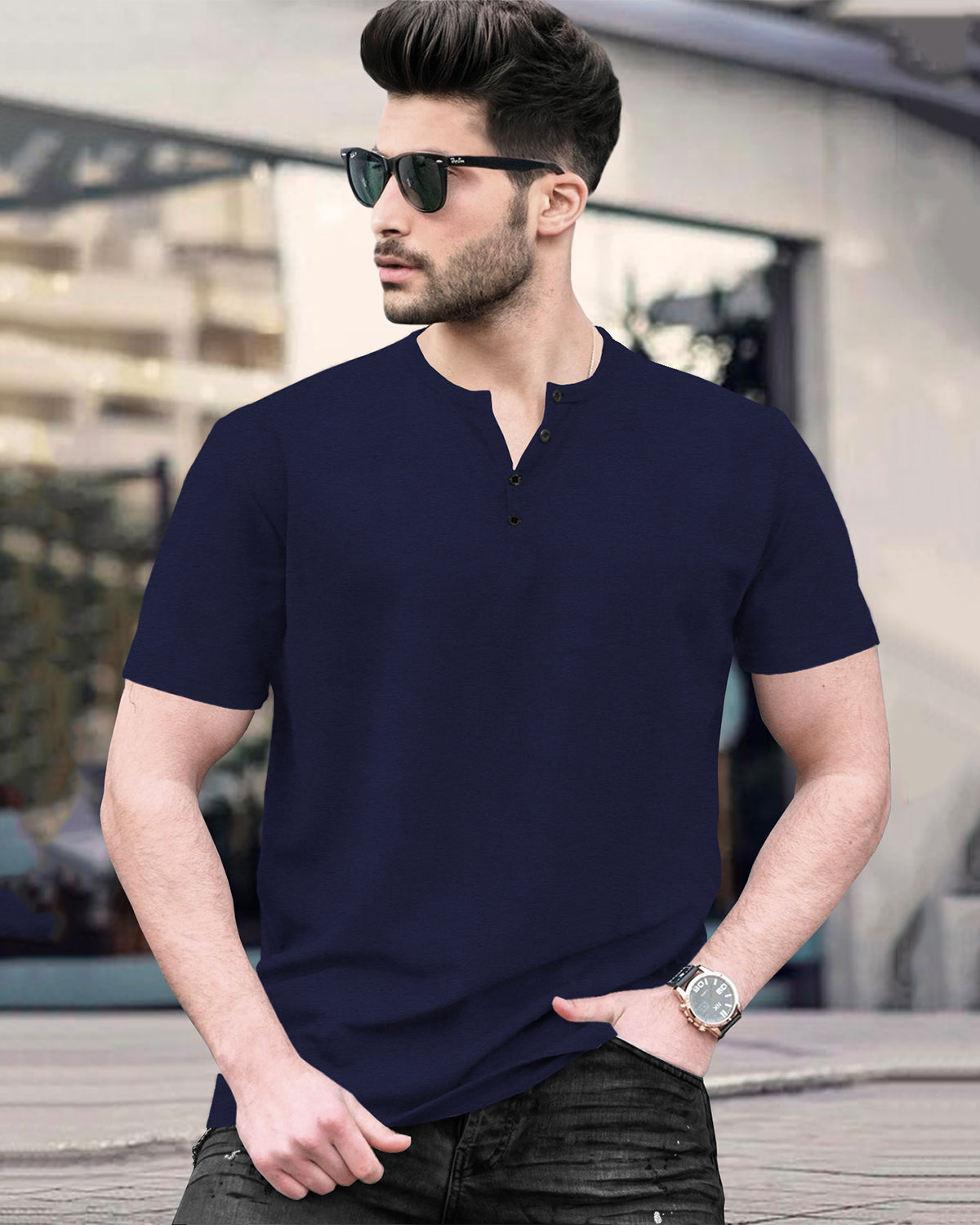 Half Sleeve Henley Neck Plain Navy Blue T-shirt