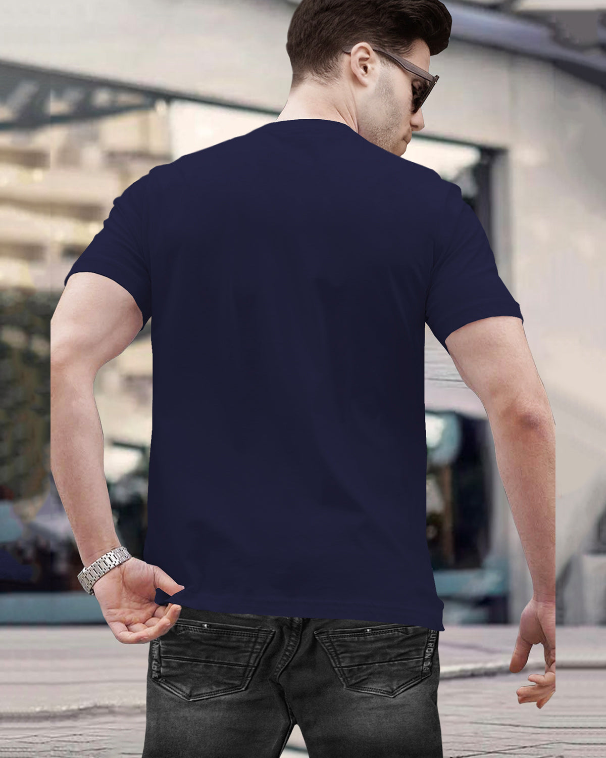 Half Sleeve Henley Neck Plain Navy Blue T-shirt