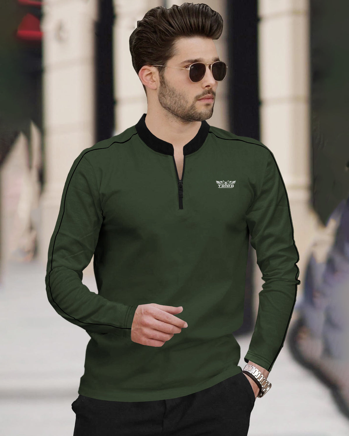 Men Mandarin Collar Full Sleeve Zip Neck Contrast T-Shirts